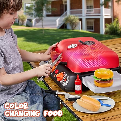 Miniatura 6 de Juego de parrilla para barbacoa para niños, juego de juguetes de cocina con humo de simulación, luz, sonido y alimentos que cambian de color,