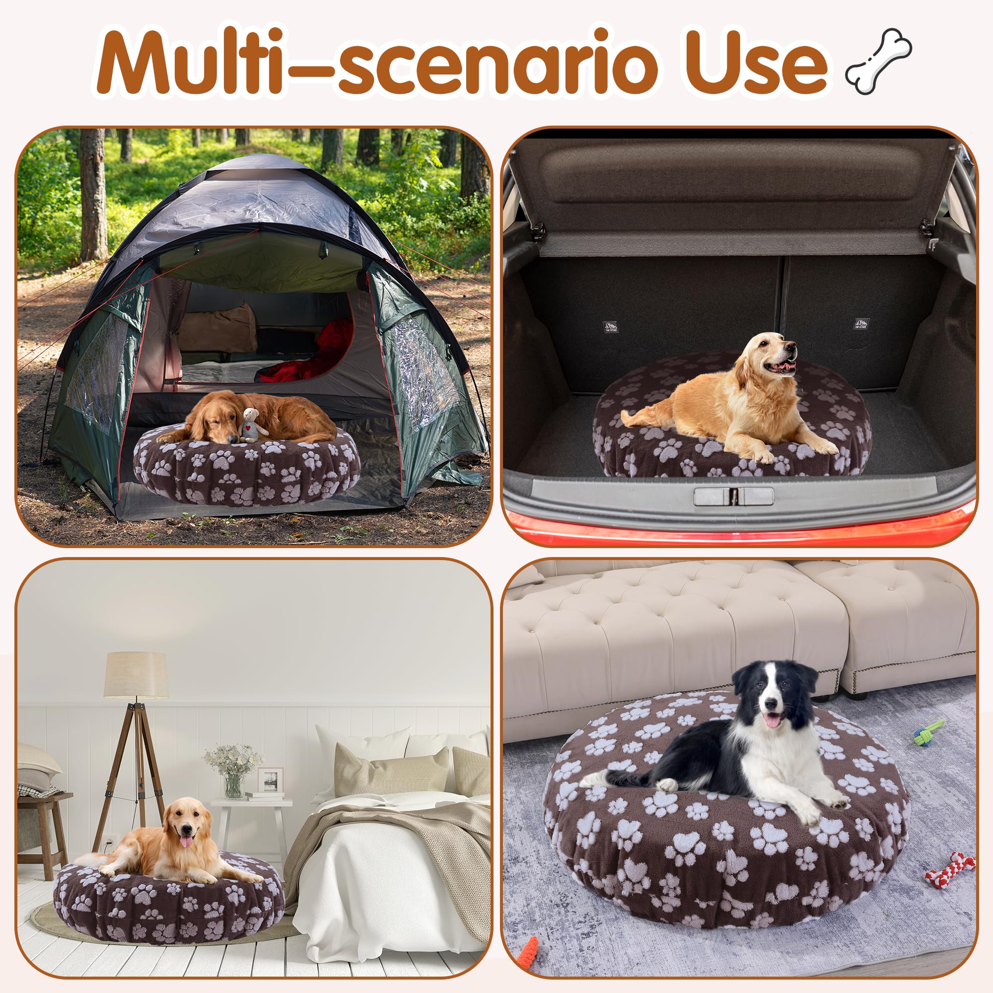 BALAPET Waschbare Hundebettbezüge, Ersatzbezug, rund, wasserdicht, weicher Haustierbettbezug mit schönem Hundepfotenabdruck und doppelseitigem nutzbarem Design, nur Bezug (Braun, 114,3 x 114,3 x 27,9