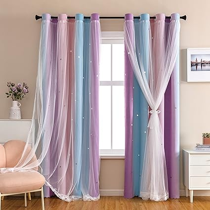 Amazon Dream Star 遮光カーテン 子供部屋用 女の子 プリンセスカーテン 娘用 寝室 窓用 ピンクパープル W52 X L96 インテリア オンライン通販