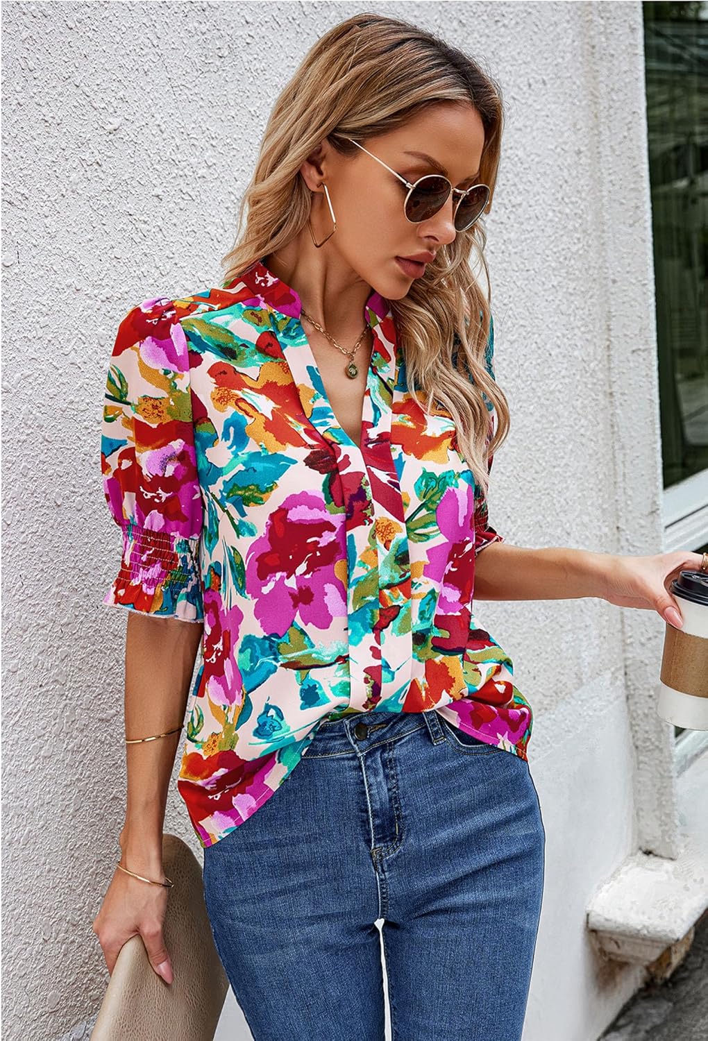 Angashion Women Tops Short Sleeve - Summer Casual V Neck Solid Color Flowy Trendy Tunic Blouses Shirt - Image 5