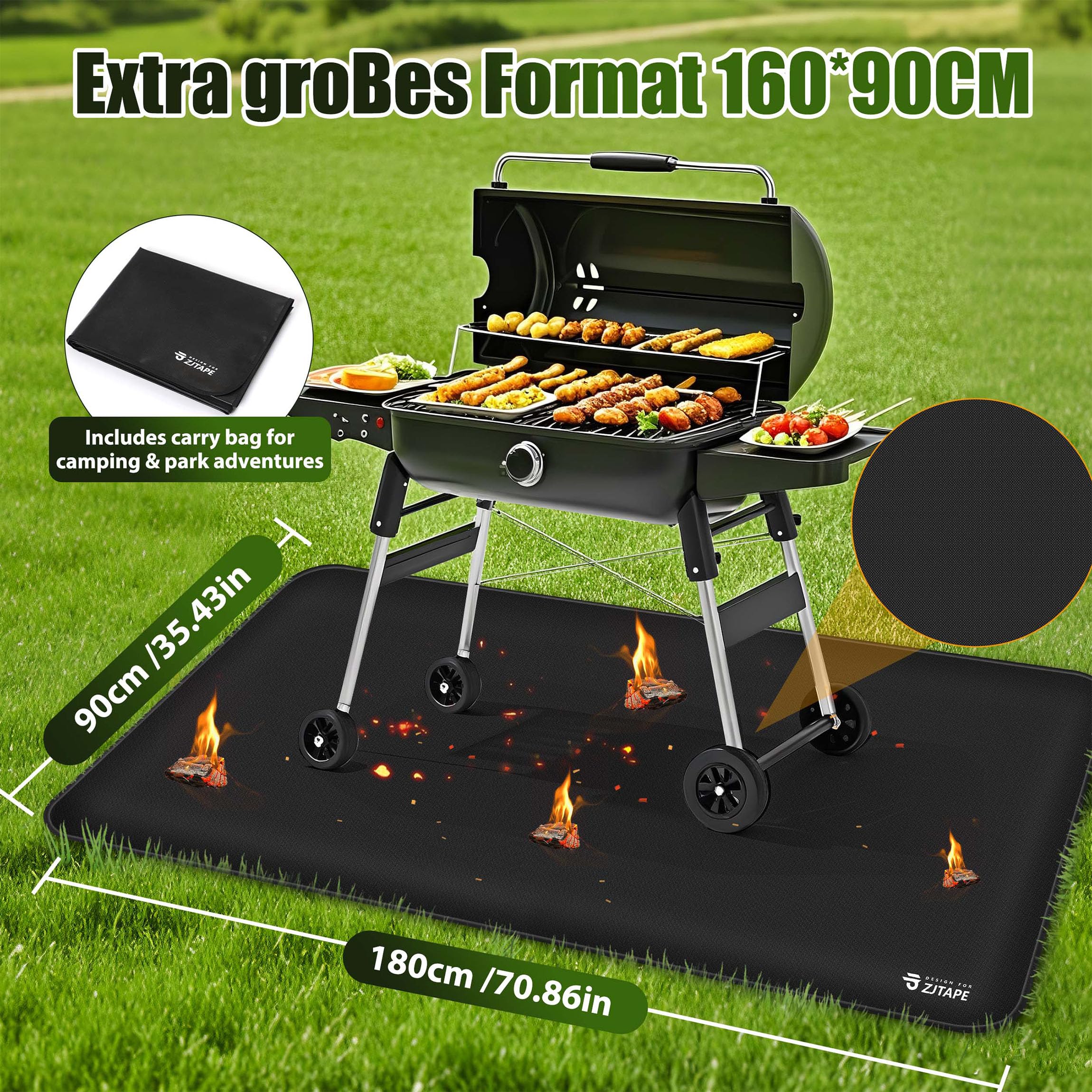 Tappetino ignifugo, per barbecue, 180 x 90 cm, pieghevole, protezione dal calore, in fibra di silicone, resistente all'acqua, per barbecue, pavimento, camino, prato e campeggio