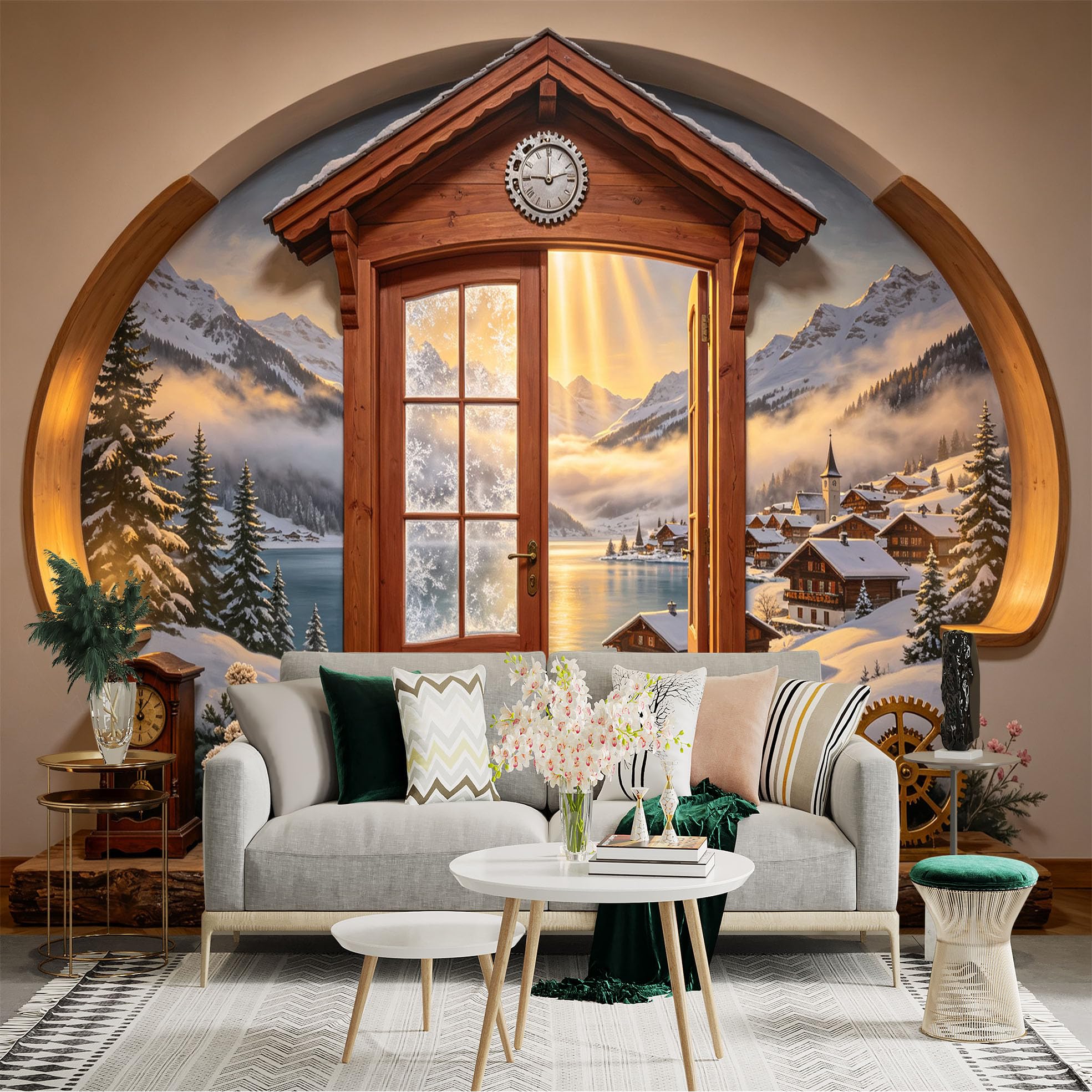 Custom Size Wall Sticker Mural， Snowy Mountain Lake Village， Wooden Door Sunrise Landscape， Cozy Winter Cabin View， for wall Decoration， peelandstick wall Decals.