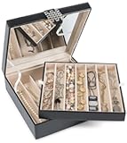 12 Section Necklace Organizer - Large Mirror - 2 Trays - PU Leather - Black - Jewelry Box - Modern Buckle Closure - Fits Necklace & Bracelet - Jewelry Holder for Women Teens & Girls