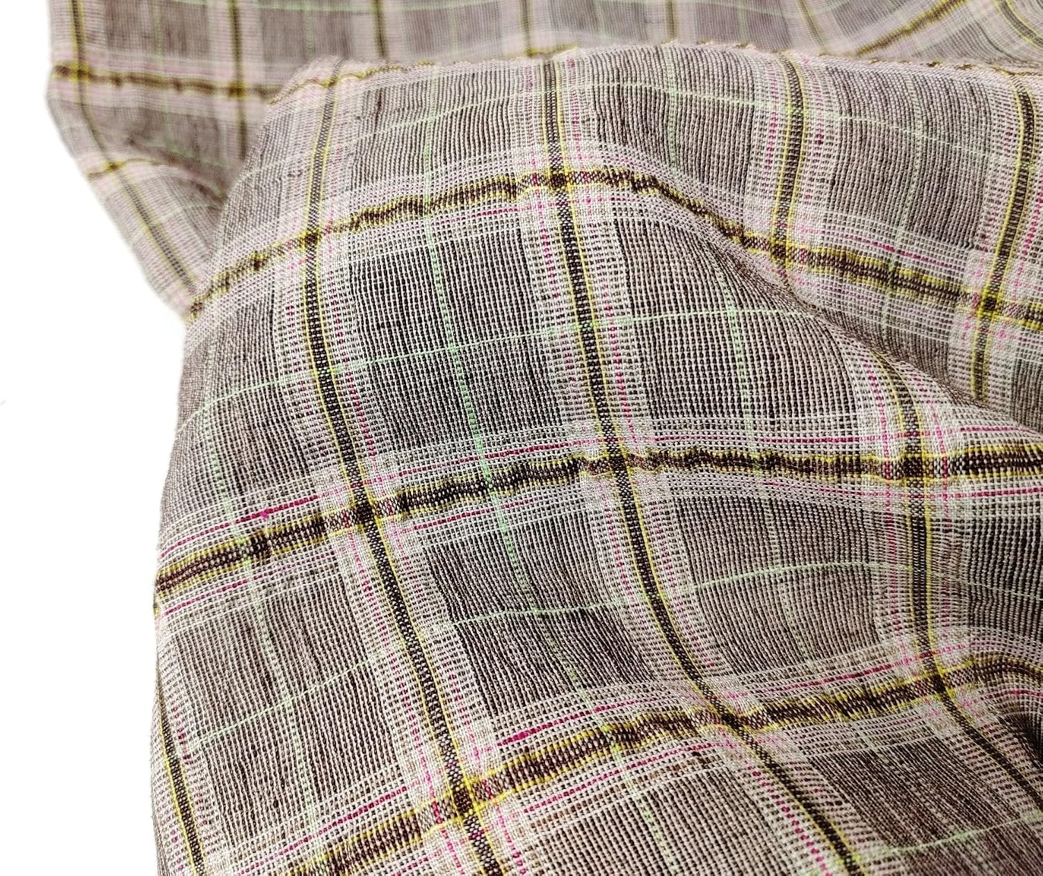 Linen Polyester Stretch Fabric with Wrinkle Effect Tartan Plaid 7754 Brown