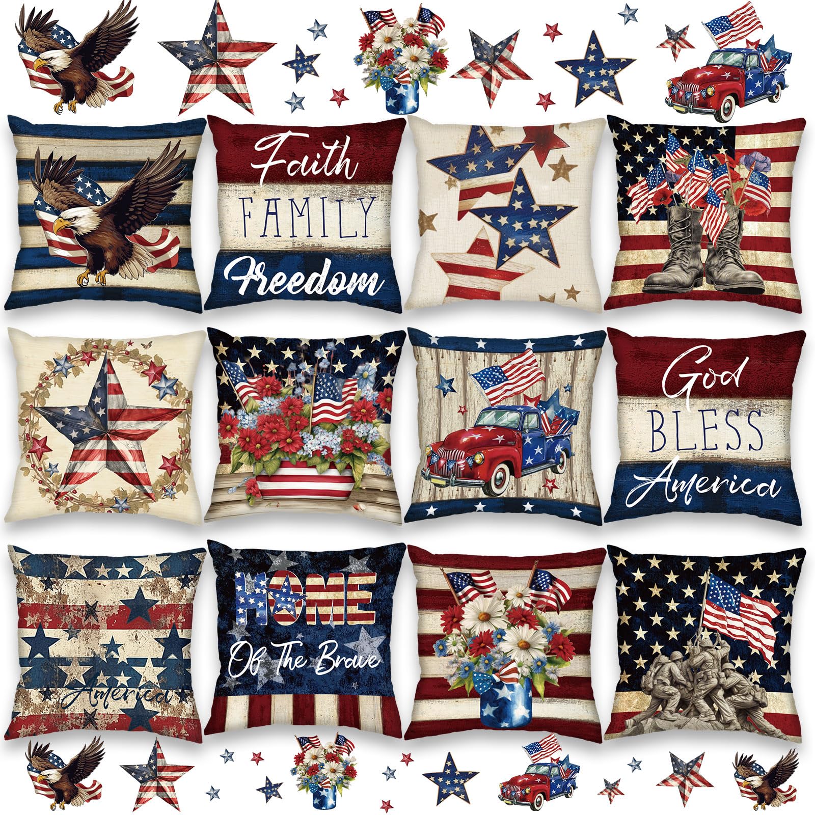 FuWeave 12 Pcs Patriotic Pillow Covers Red White and Blue Throw Pillow Covers Vintage 18x18 Inch 4th of July Pillows American Flag Stars Stripes