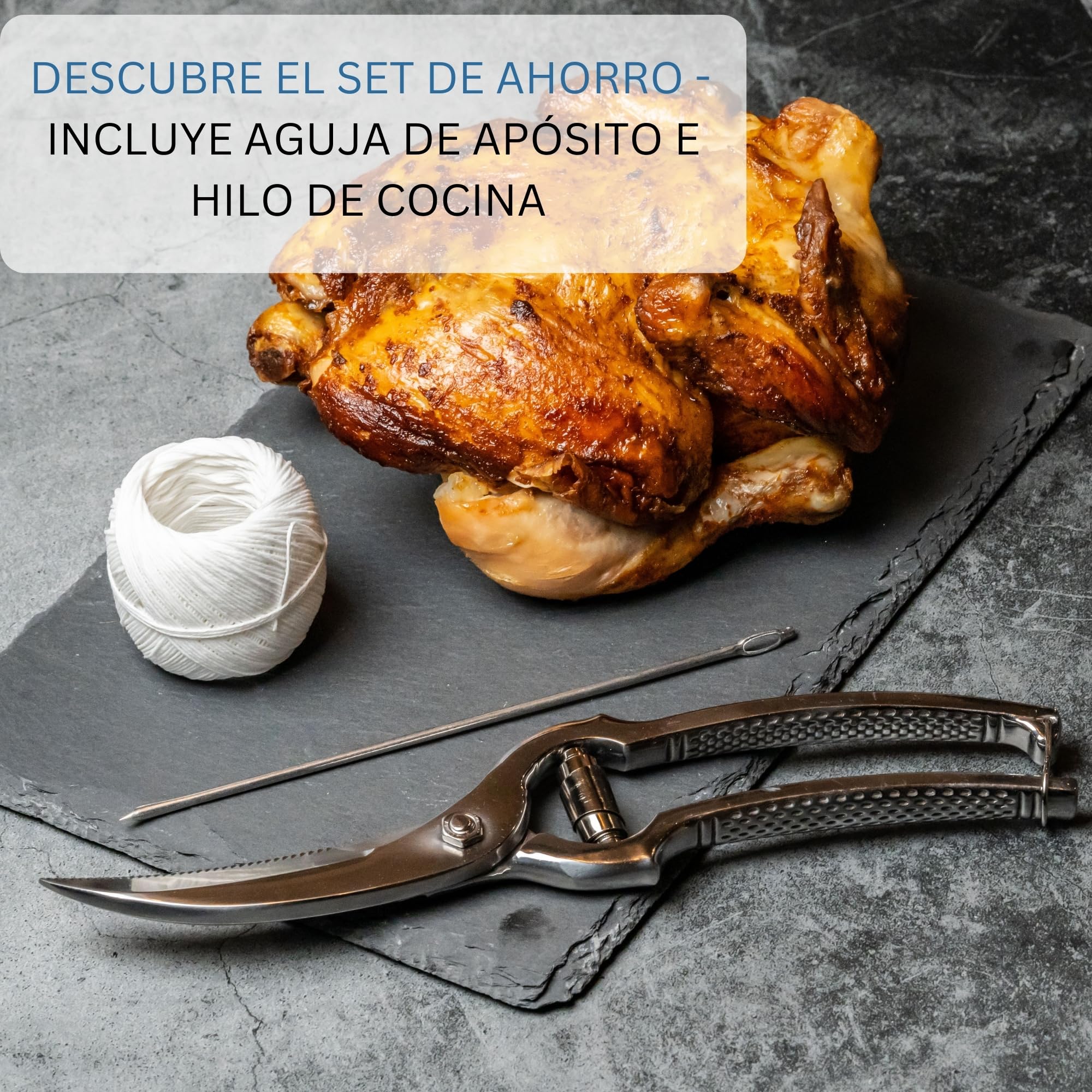 Westmark Set para aves de corral, 3 unidades, 1 Tijeras para aves de corral con mecanismo de resorte, 1 aguja + 1 cordel de cocina de 60 m, Acero inoxidable/poliéster, Classic, Plata/Blanco, 137122E6