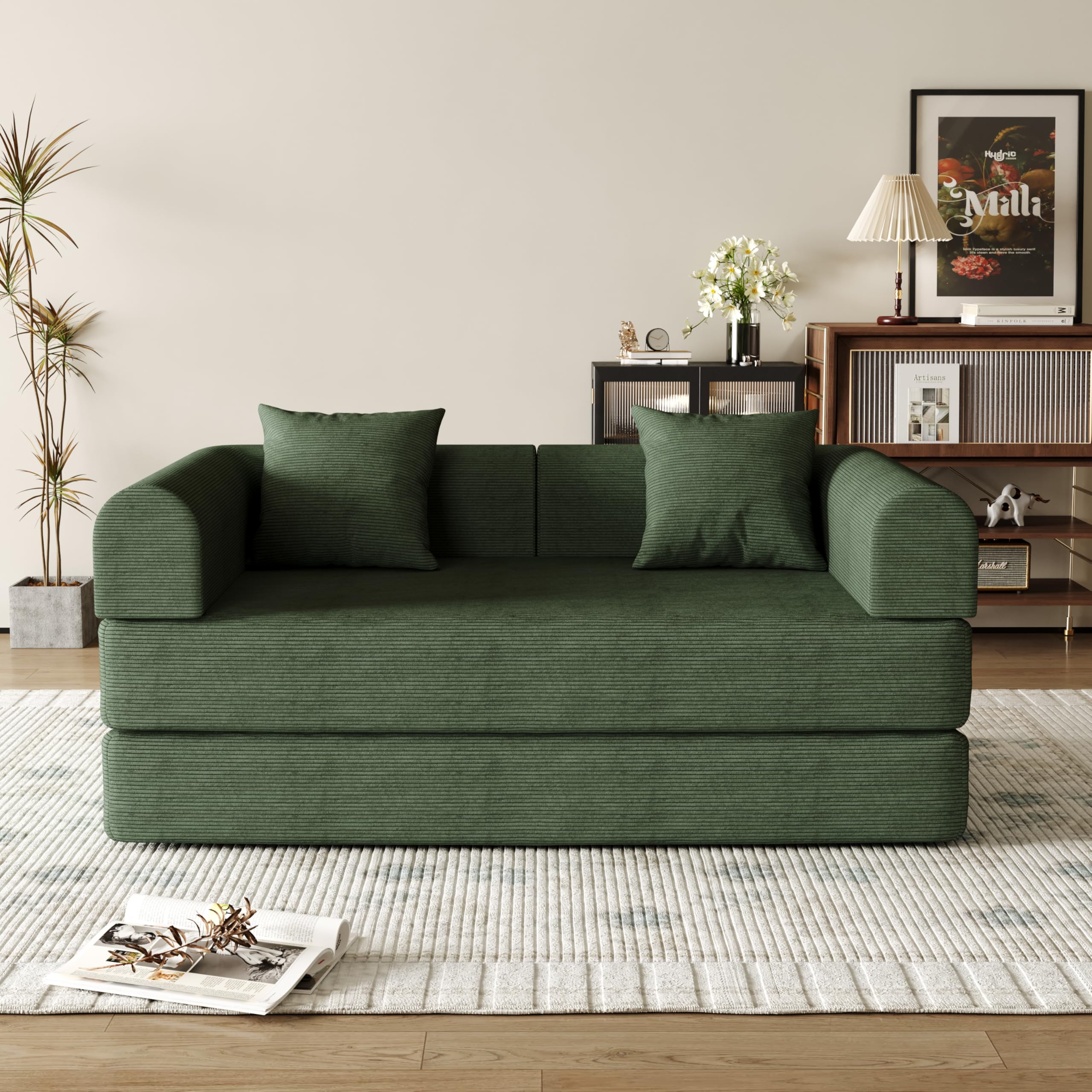 59'' Convertible Compressed Corduroy Folding Cloud Sofa Bed, Modern Boneless Pull Out Loveseat Sleeper in a Box, 4 in 1 Floor Mattress Futon Cloud Couch, No Assembly Needed, Green, 2 Pillows, Queen