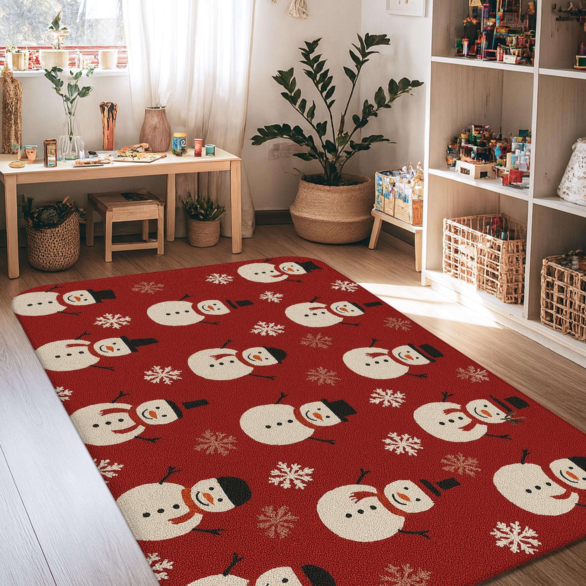 Tapis bonhomme de neige Noël rouge à offrir pour une crémaillère d'appartement