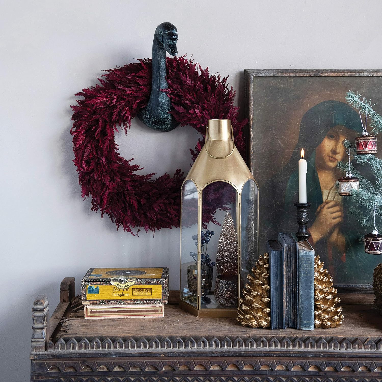 Creative Co-Op 19-3/4" Round Preserved Cypress Wreath, Burgundy Wall Decor
