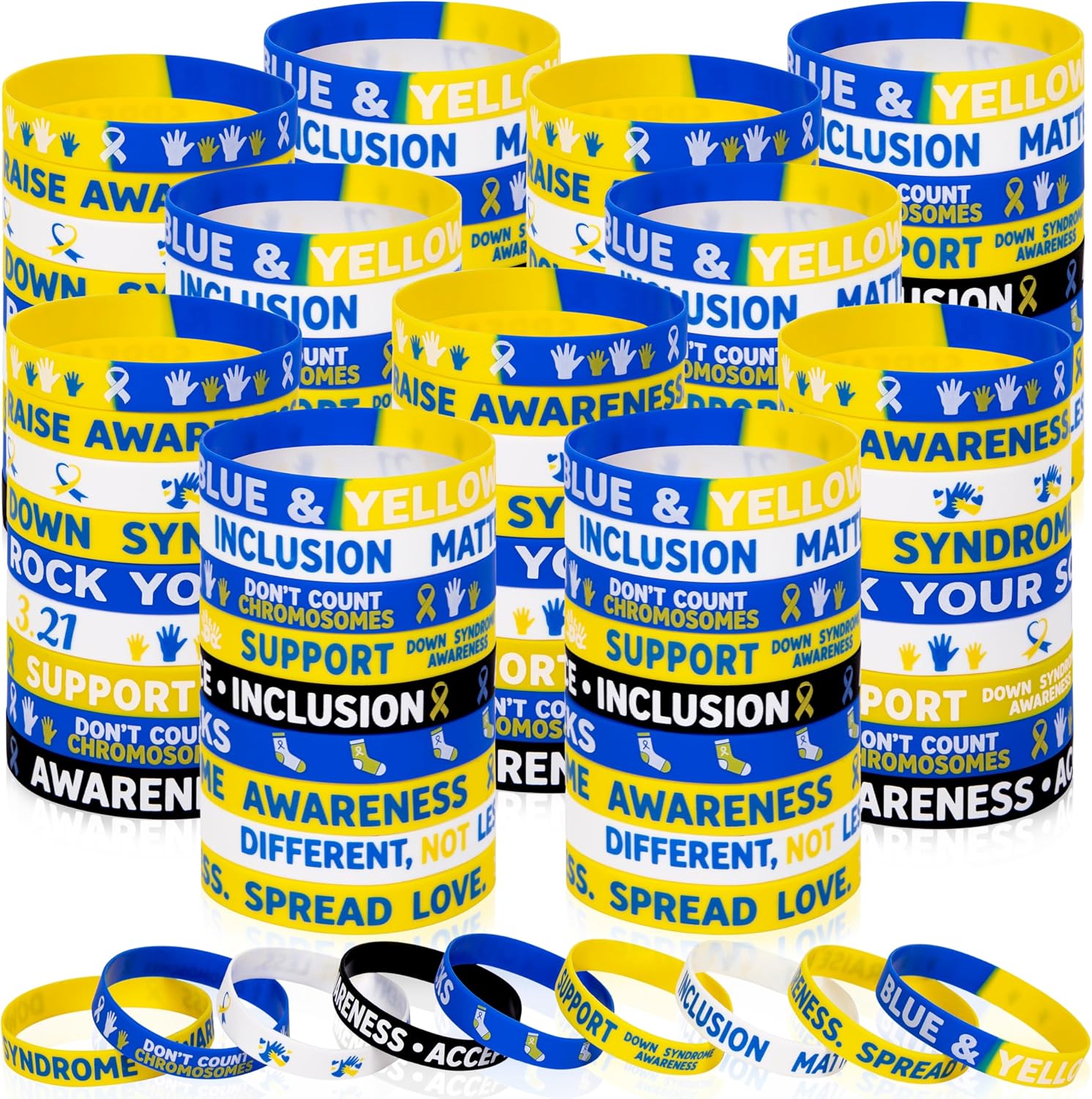 Moon Boat 144Pcs Down Syndrome Awareness Silicone Silicone Bracelets Bulk, Blue and Yellow Rubber Wristbands Decorations Gifts Party Favors