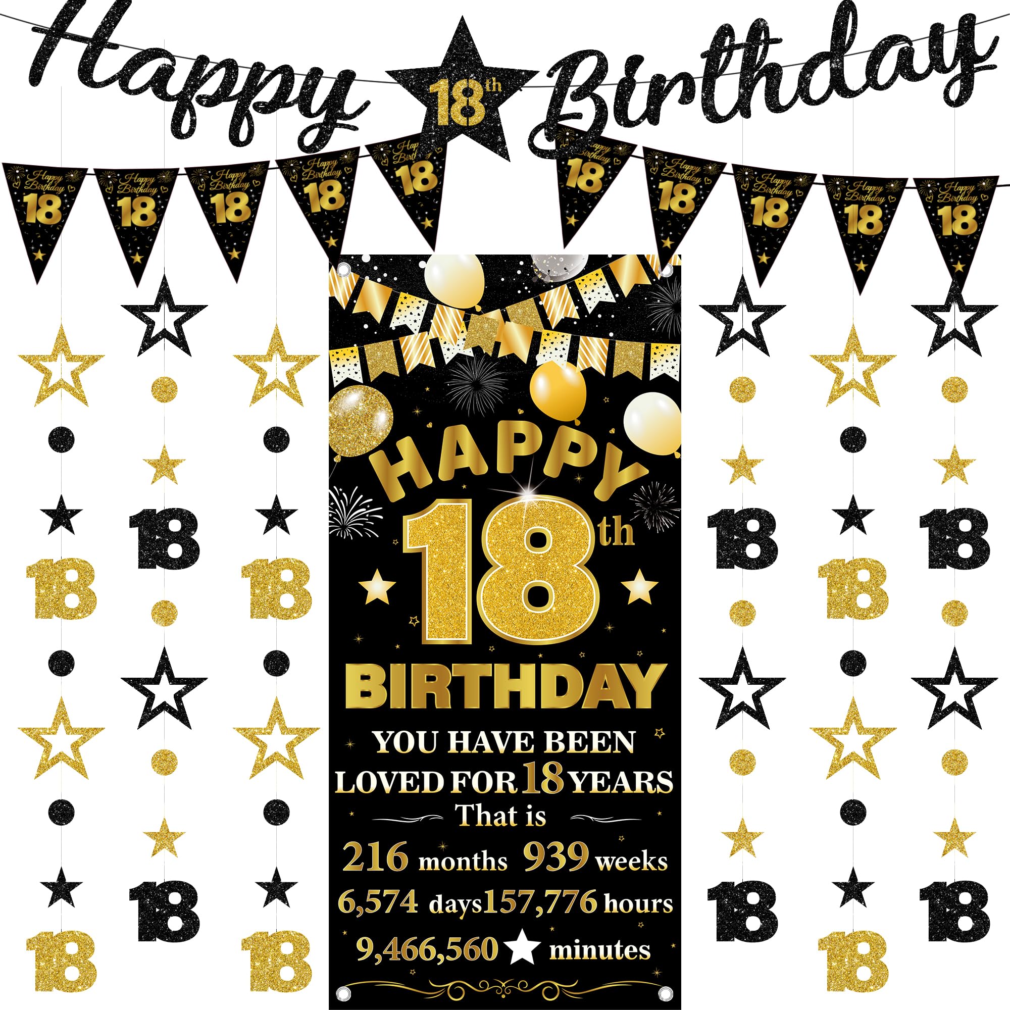 18th Birthday Decorations Banner Boys - 9 Pcs Black Gold Bannes Backdrop Number Star Dot Glitter Hanging Garlands Kit for Boys And Girls Happy 18 Years Old Birthday Party Decor Supplies