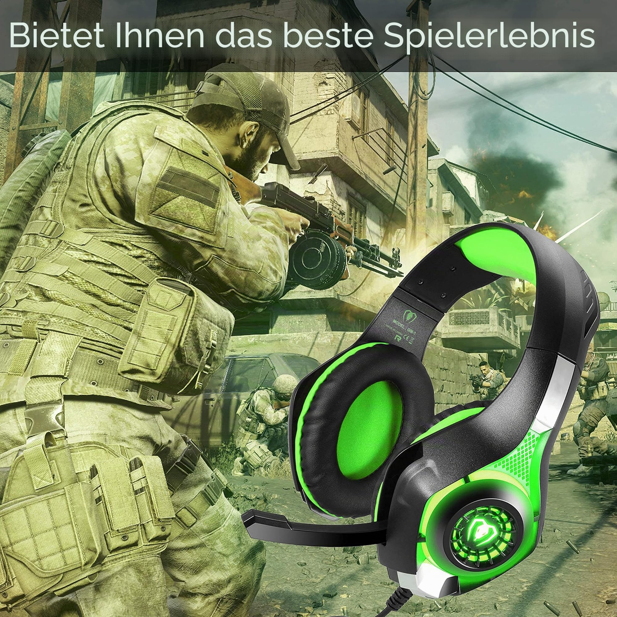 BlueFire Gaming Headset für PS4, Gaming Kopfhörer mit 3,5 mm Klinkenstecker LED und Mikrofon, Bass Stereo Audio Surround Gaming Headset für Xbox One/Xbox One S/PC/Laptop (Grün)