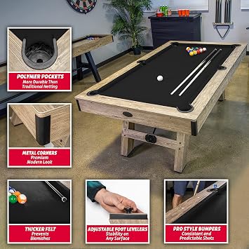 GoSports 7 ft Pool Tables with Wood Finish - Choose Your Style - Modern Billiards Table with 2 Cue Sticks, Balls, Rack, Felt Brush and Chalk