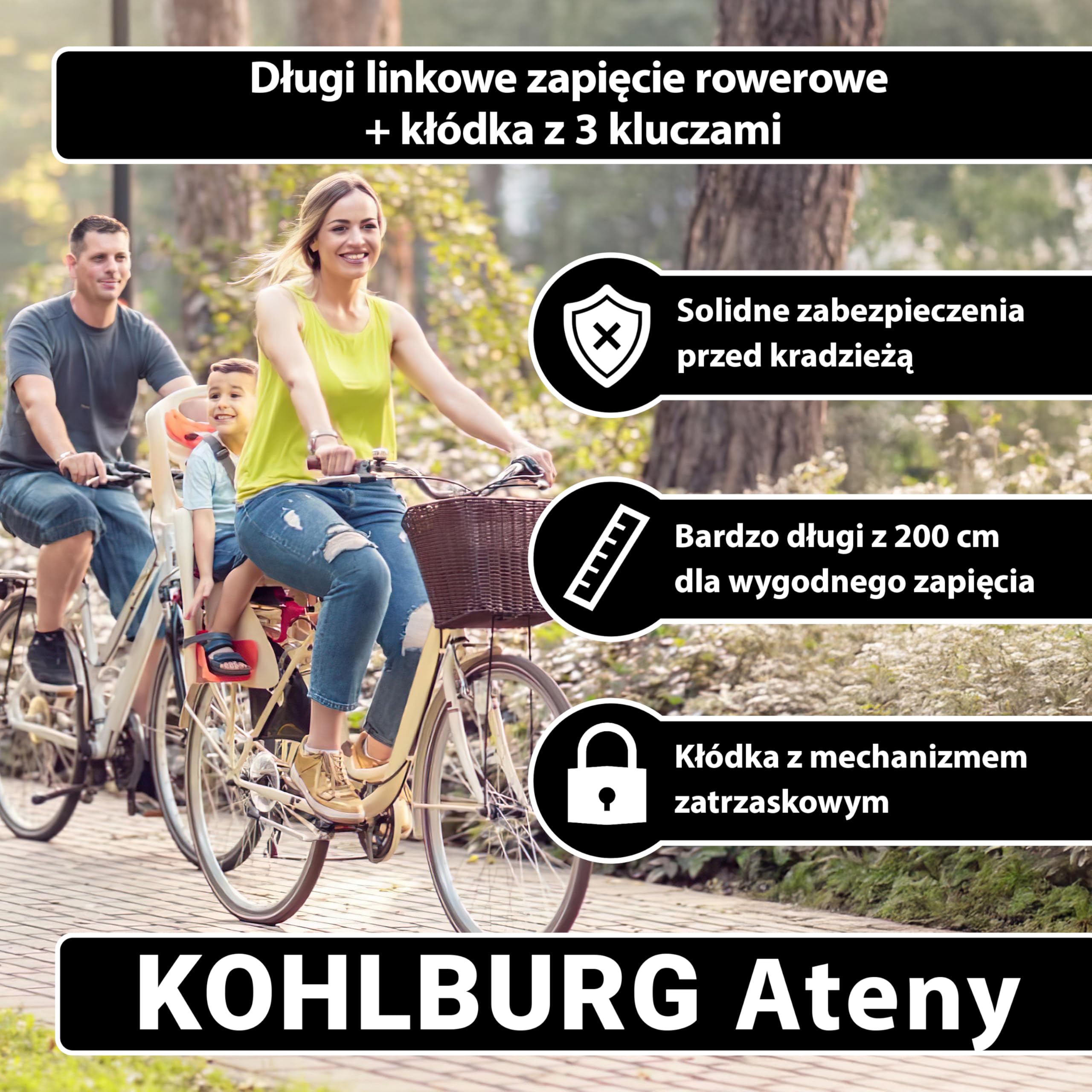 KOHLBURG Bezpieczny zamek kablowy 200 cm, 3 kluczami, Kłódka, stalowa linka | Wytrzymała, ze szlufkami, Zamek linkowy do roweru, przyczepki, wózka i mebli ogrodowych, długa blokada rowerowa