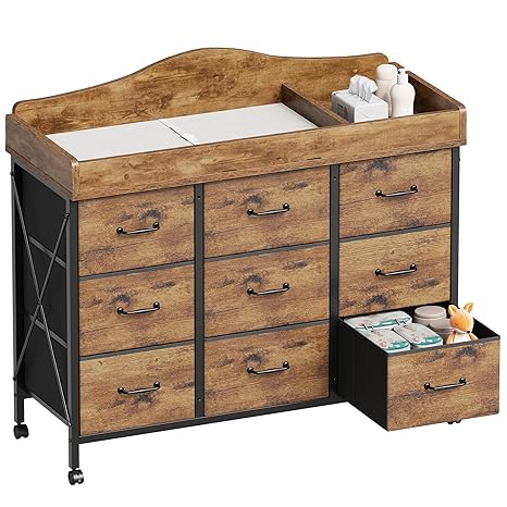 Baby Changing Table with 9 Fabric Drawers, Waterproof Diaper Changing Station & Pad, Mobile Nursery Diaper Changing Table, Baby Furniture, Bedroom, Rustic Brown