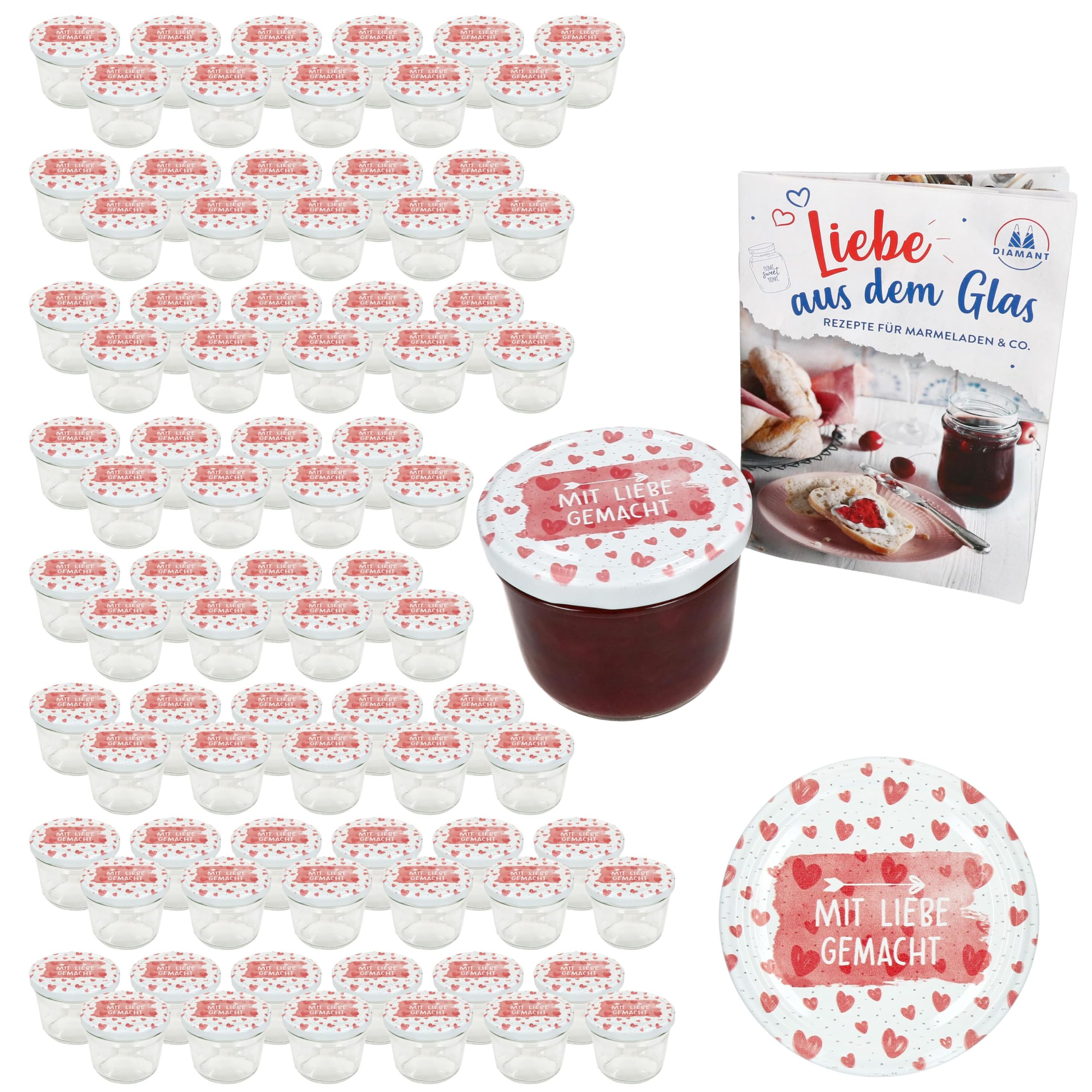 MamboCat 100er Set Sturzglas 230 ml mit Schraub-Deckel Mit Liebe gemacht I Einmachgläser + TO 82 Deckel mit Diamant-Zucker-Rezept I Vorratsgläser einkochen & konservieren