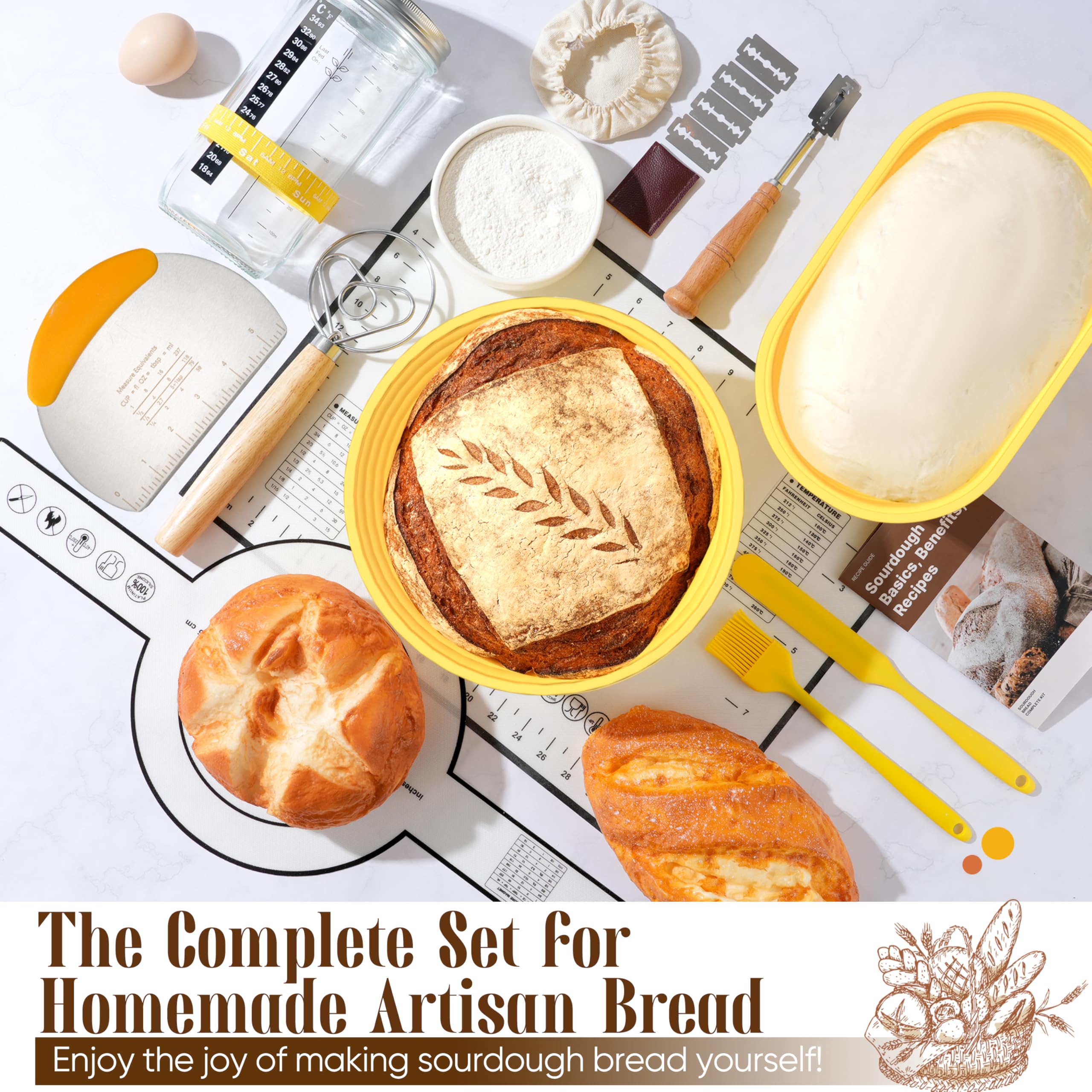 BICRET Lot de 15 accessoires de cuisson au levain avec panier de fermentation motif de blé, verre de fermentation, thermomètre, panier à pain, couteau à pâte, cadeau pour débutants (jaune)