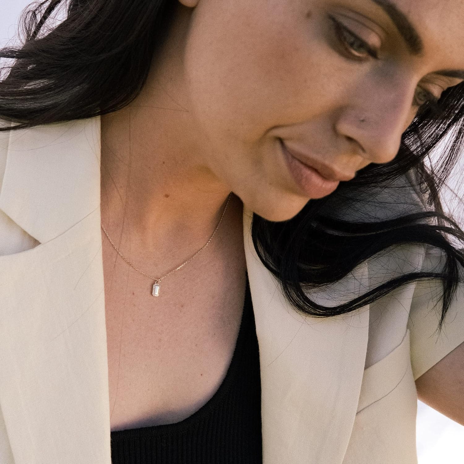 espere 14K Yellow Gold Lab Diamond Mini Tag Necklace 18'' | Womens' Rectagular Pendant Necklace for Layering - Image 3