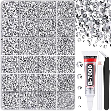 30000Pcs Silver Rhinestones for Bedazzling with B7000 Jewelry Glue, Bedazzler Kit Flatback Gems, Resin Rhinestones for Crafting Crafts Clothing Shoes Fabric Nail Art Assorted Size 2/3/4/5/6mm