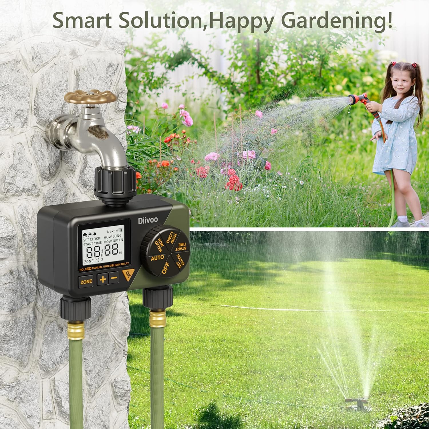 Sprinkler Timer 2 Zone, Diivoo Programmable Water Hose Timer 2 Outlet for Garden, Automatic Irrigation Timer IP54 with Rain Delay/Manual/Auto Mode, Outdoor Hose Timer Controller for Lawn, Yard, Pool : Tools & Home Improvement