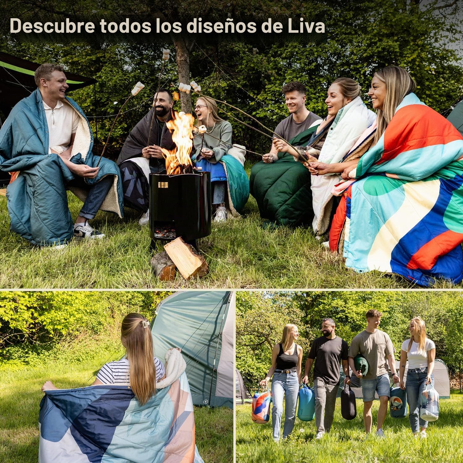 Skandika Manta de Camping para Exteriores Liva | 4 en 1, 200 x 135 cm, Colcha, Saco de Dormir, Almohada, con Parte Inferior de Piel de Borreguito o Nailon