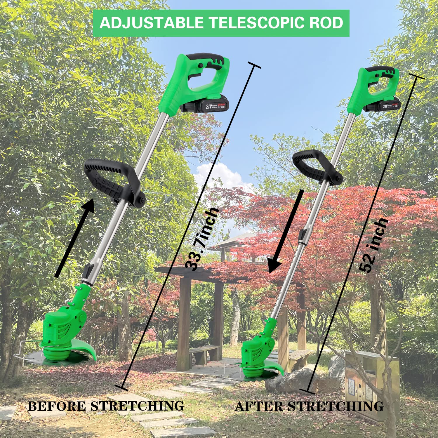 MAXMAN Weed Wacker 21V Grass Trimmer/Edger 52 Inch Cordless Brush Cutter 750W Motor Lightweight Grass Electric Weedeater Battery Powered 8 Blades,2 Batteries Used for Dense Weeds and Yard Trimming