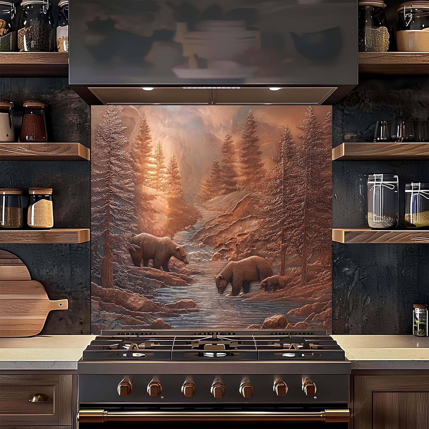 Tempered Glass Backsplash, Copper Look Bear Glass Backsplash, Kitchen Backsplash Behind Stove, Backsplash for Kitchen Wall, Easy to Install Stove Splashback (Bear-2)
