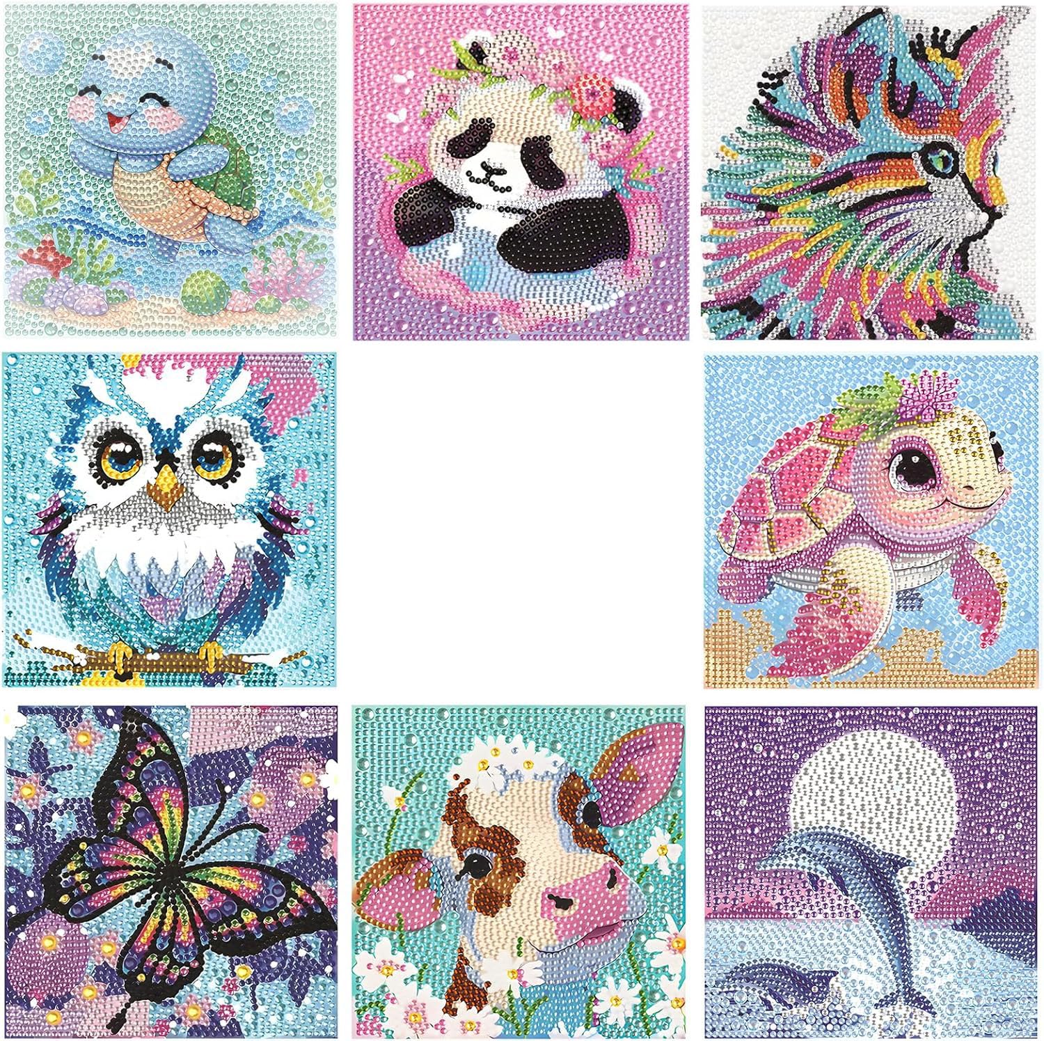 8 Piezas Dibujos con Diamantes,Animales Pintura Diamante Infantil,Pintura de Diamantes Niños,Espumoso Art Dibujo Cuadros Diamantes,Diverso Pintura de Diamantes Niños