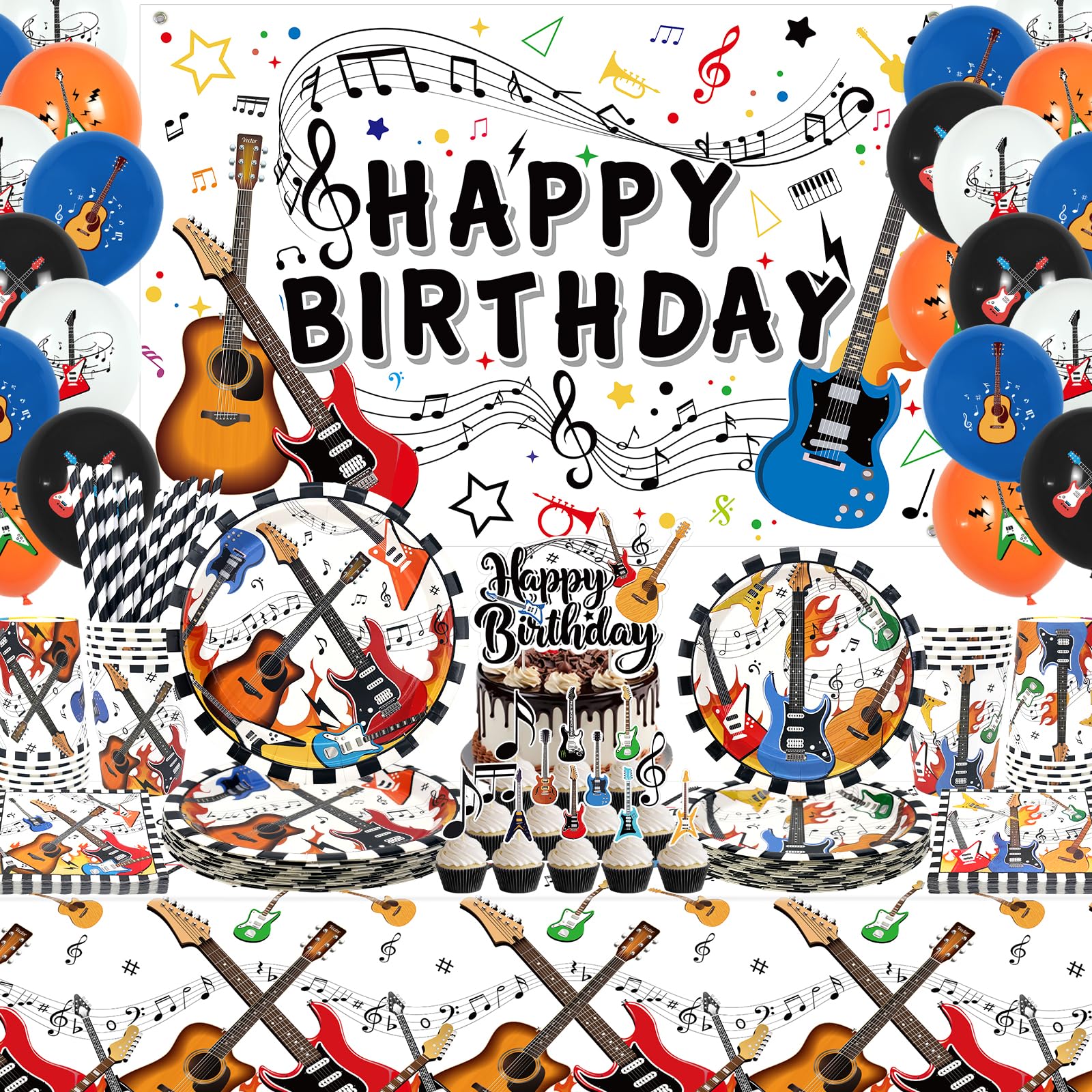 Guitar Birthday Party Supplies Set, Includes Happy Birthday Backdrop, Plates, Tablecloth, Cups, Balloon and Straws, for Music Instrument Baby Shower Supplies