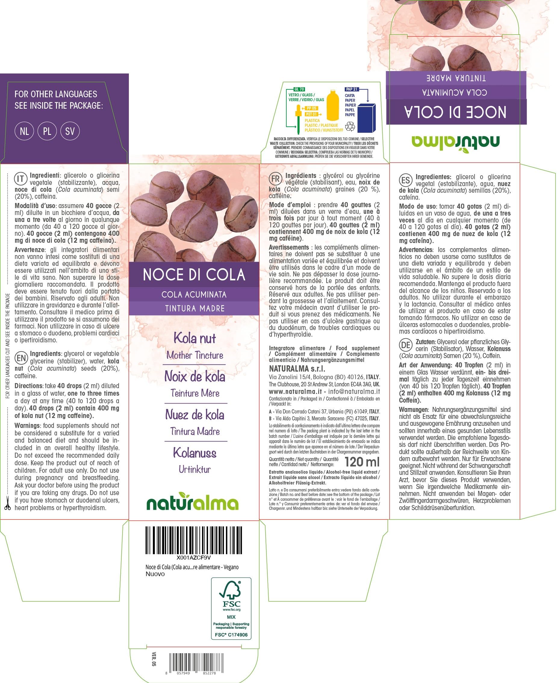 Noce di Cola (Cola acuminata) semi Tintura Madre analcoolica Naturalma - Estratto liquido gocce 120 ml - Integratore alimentare - Vegano