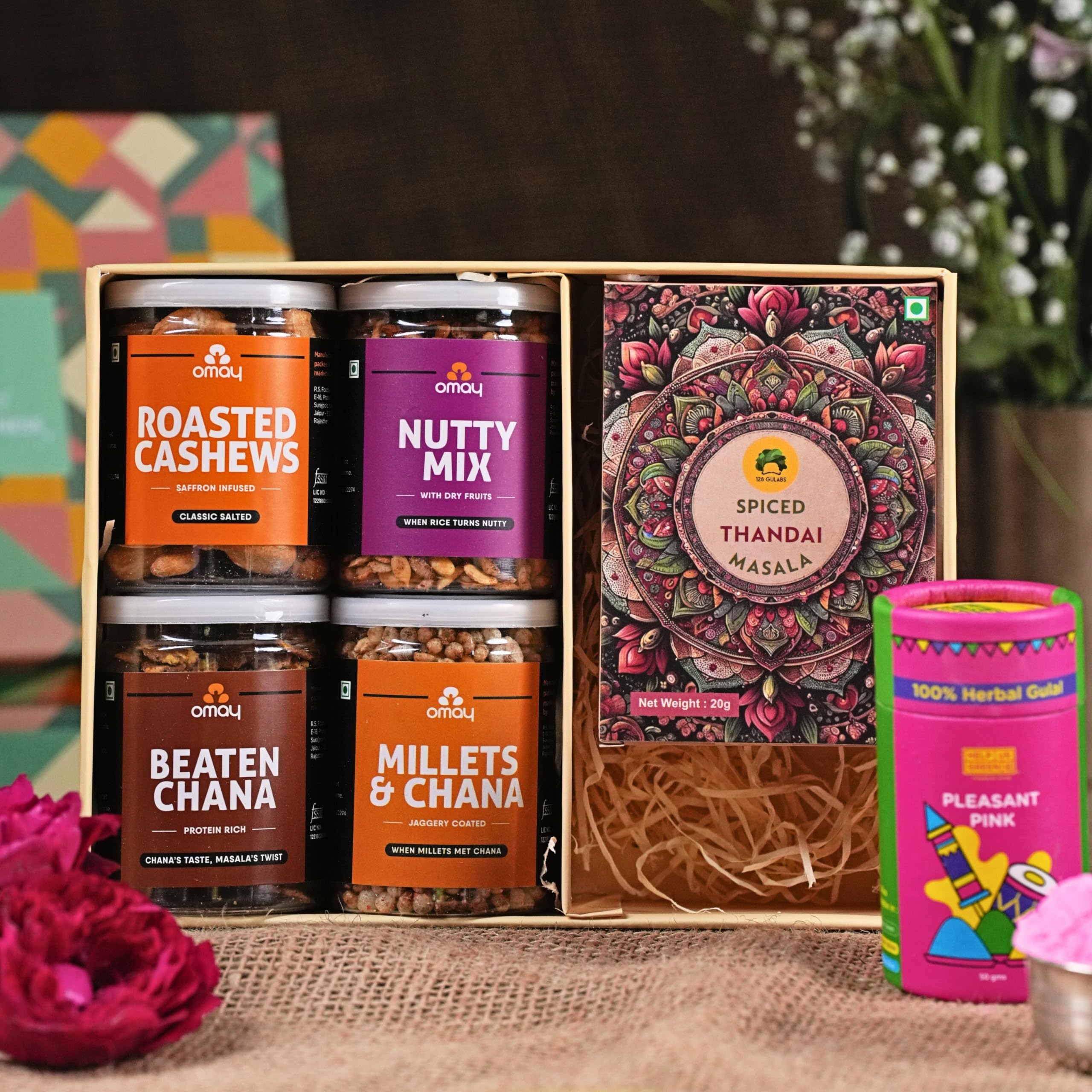 Omay Foods 7_Pcs Gourmet Holi Delights Gift Box|Pack Of 7|Holi Gift Hamper|Snacks,Thandai,Gulal|Corporate Gifts|Personal Gift Box|Dry-Fruits,Healthy Snacks|Premium Gift Hamper|Special Holi Gift Pack