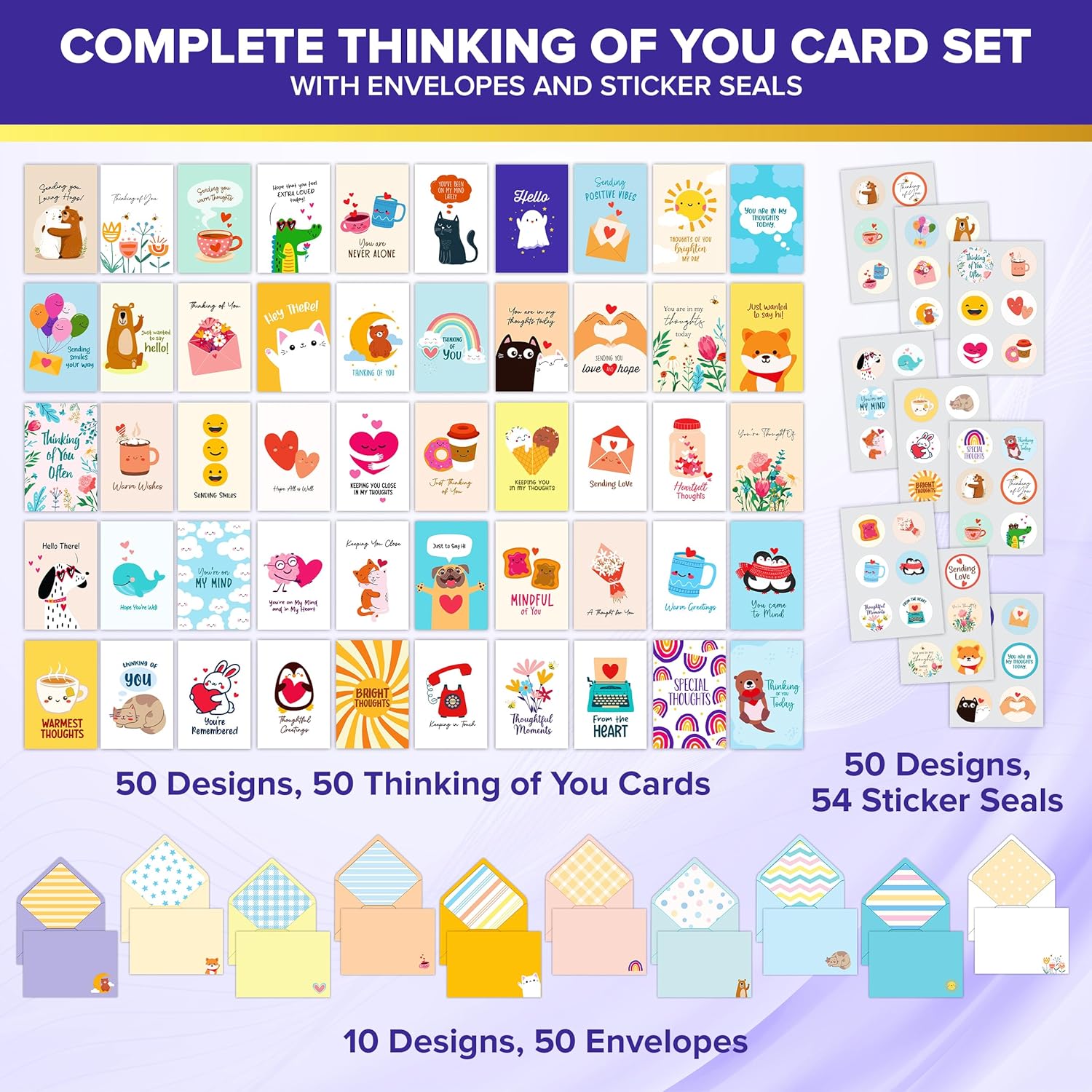Decorably 50 Pack 5x7in Assorted Bulk Thinking of You Cards with Envelopes and Stickers, 50 Folded Adorable Designs for Loved Ones with Printed Message Inside - Thoughtful Notes, Gifting, Mailing - Image 2