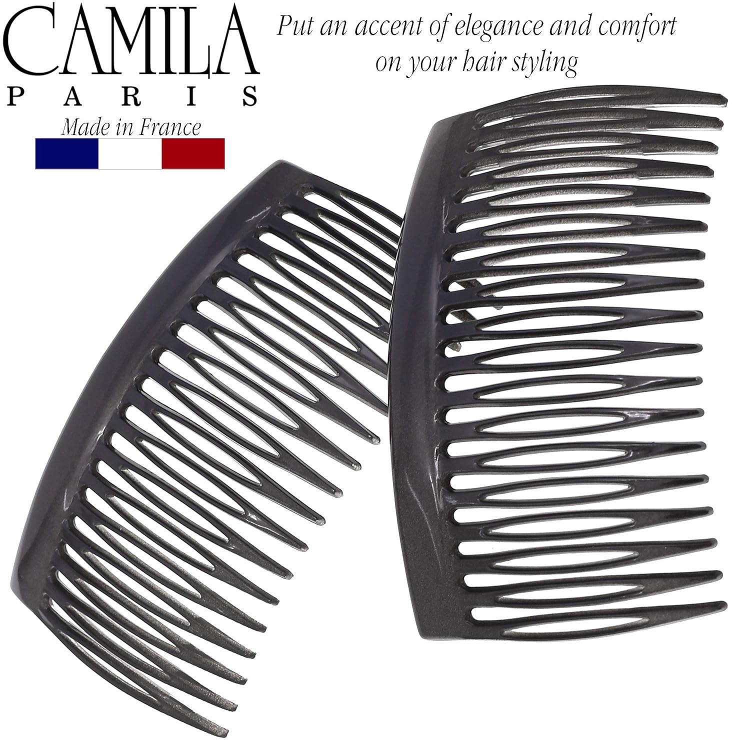 Camila Paris CP3136 French Hair Side Comb, Small, Curved Gray French Twist Hair Combs Decorative, Strong Hold Hair Clips for Women Bun Chignon Up-Do Styling Girls Hair Accessories, Made in France - Image 2