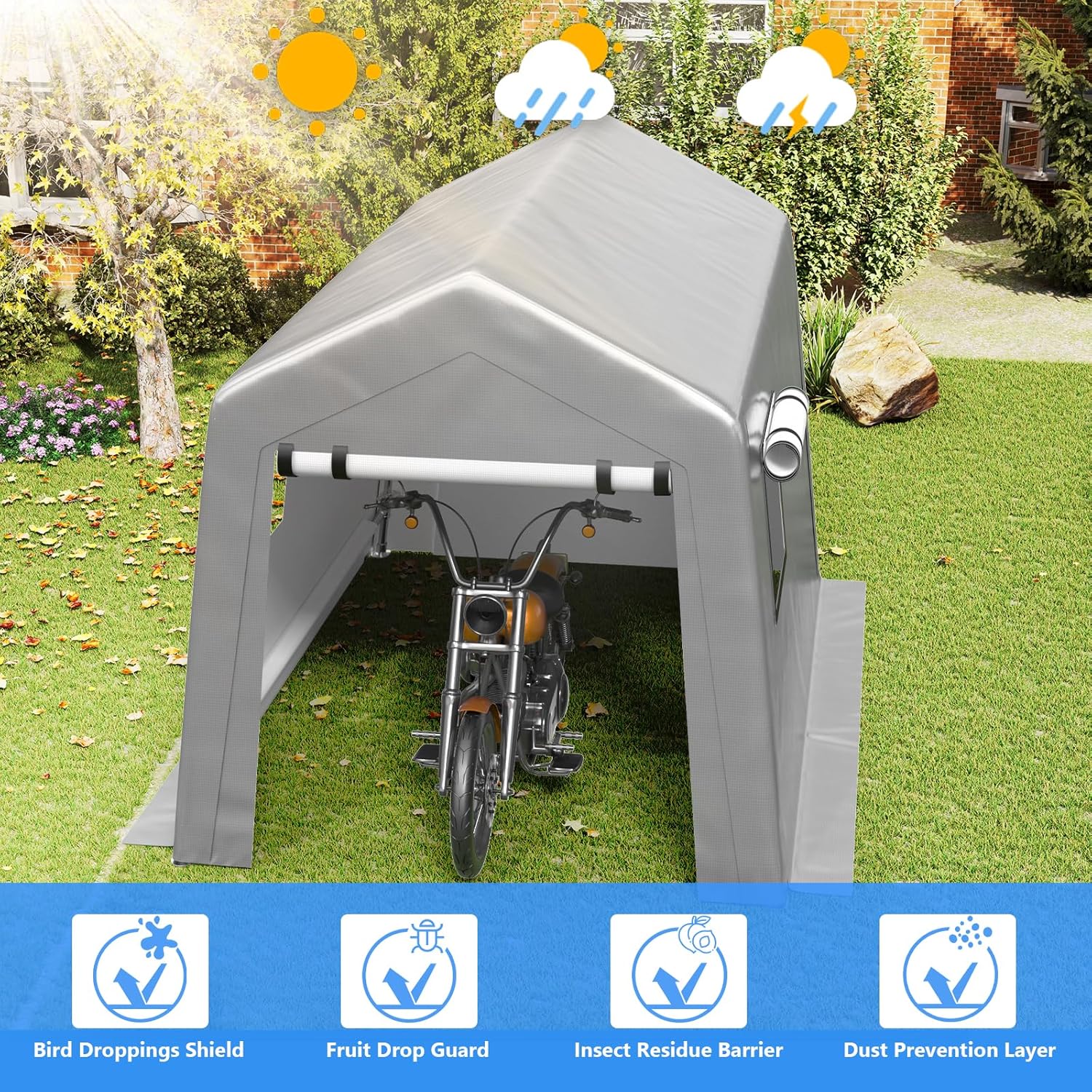 Carport 6x8 FT Enclosed Carport with Roll-up Windows, Portable Garage with Removable Sidewalls & Doors, Car Canopy Tent with Sandbags All-Season Tarp for Bike Motorcycle - Image 4