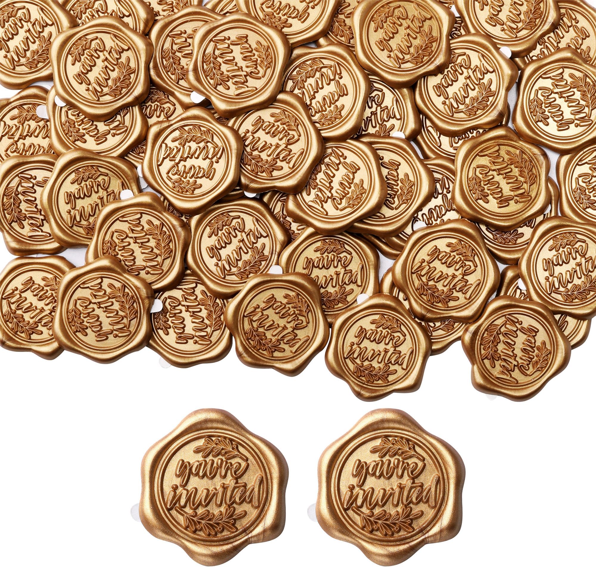 50Pcs Wax Seal Stickers, 1.14inch/29mm Antique Gold Envelope Seal Stickers, You're Invited Vintage Wedding Invitation Stickers for Valentine's Day Birthday Christmas Party Supply