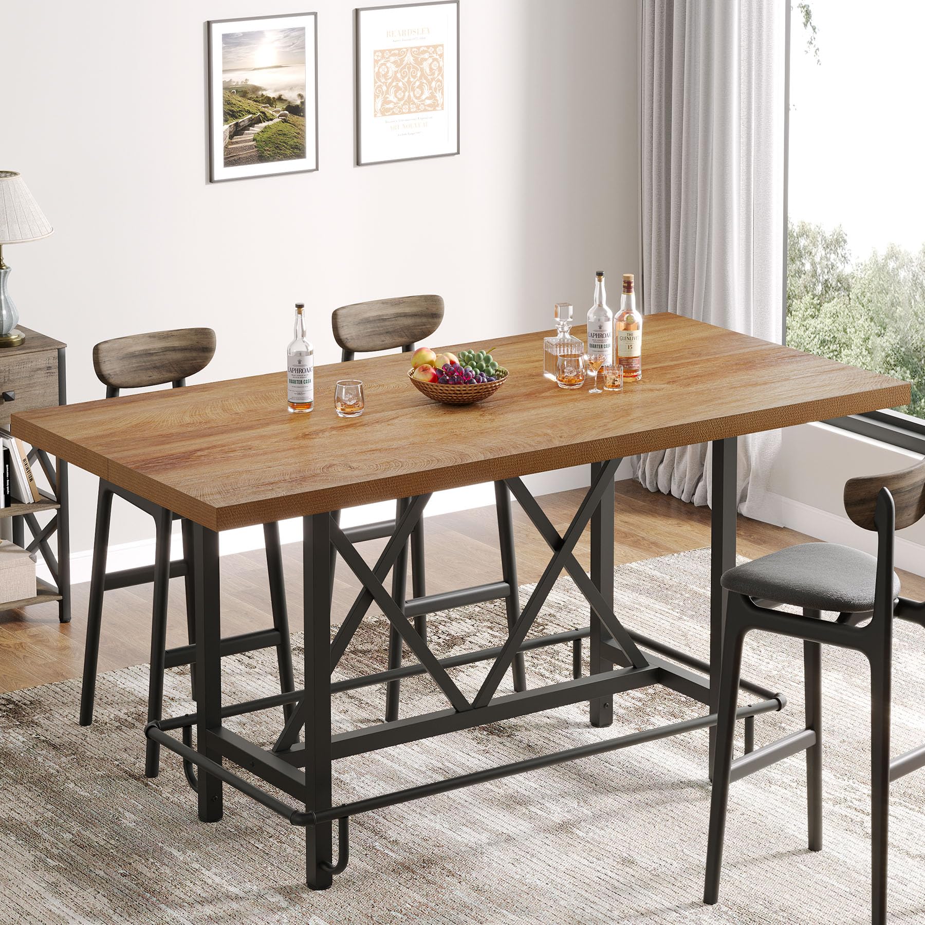 Tribesigns 63-Inch Counter Height Bar Table with Metal Footrest (Light Oak)