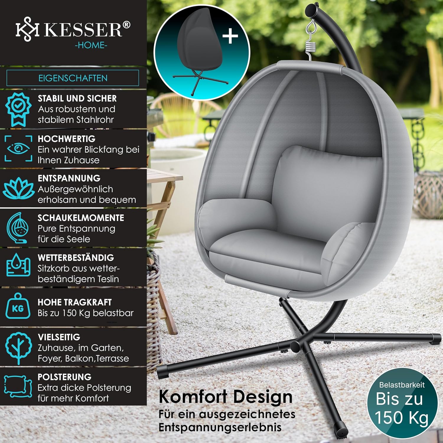 KESSER® Luxe Hanging Chair with Frame + Soft Seat Cushion, Side Padding, Seat and Back Cushion, Hanging Basket, Indoor & Outdoor, Garden Swing Basket, Hanging Chair, Sturdy Base, Max. 150 kg, Grey