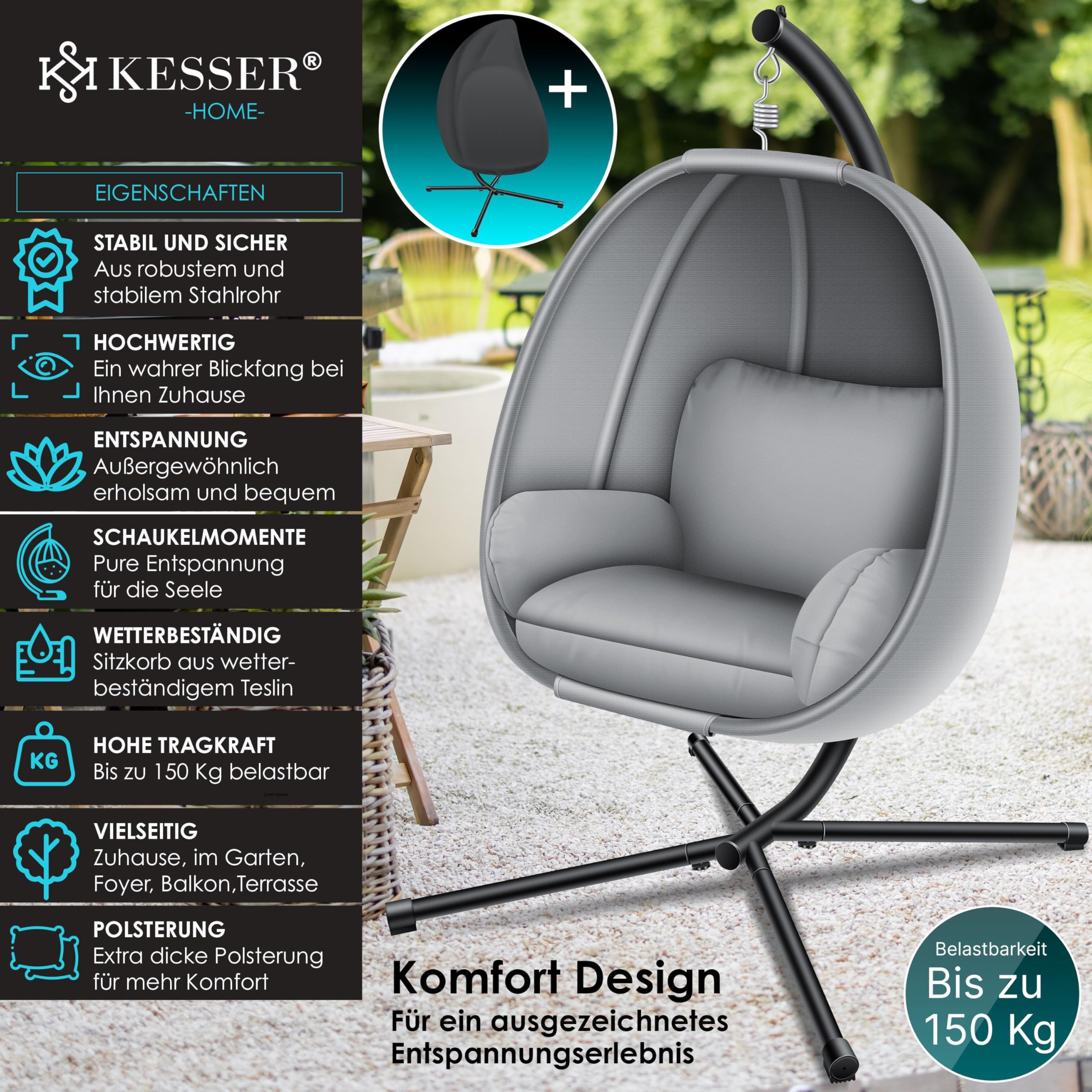 KESSER® Silla Colgante de Lujo con Marco + cojín de Asiento Suave, cojín Lateral, cojín de Asiento y Respaldo Cesta, Colgante para Interior y Exterior, Cesta Colgante de jardín, Peso máx. 150 kg