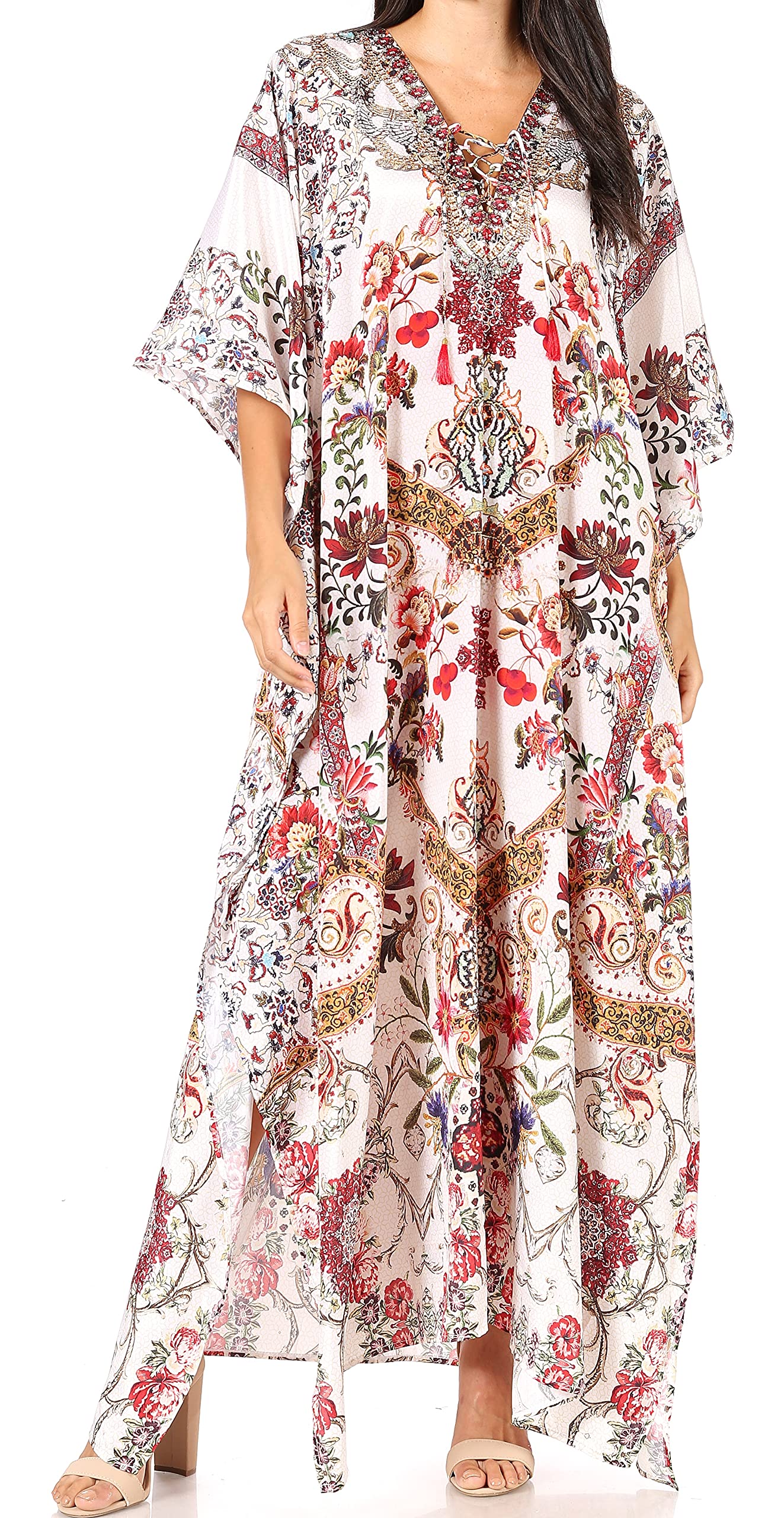 Sakkas Yeni Women's Short Sleeve V-Neck Summer Floral Long Caftan Dress Cover-up