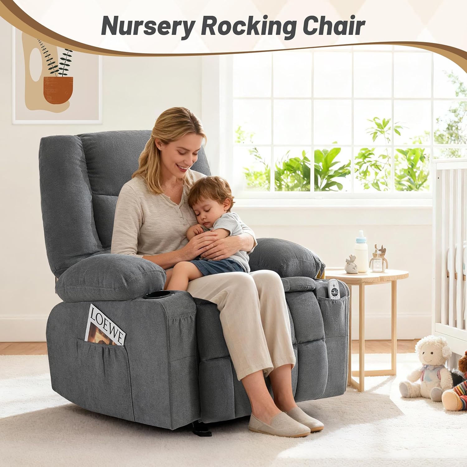 Rocker Recliner Chair with Massage and Heat, Nursery Rocking Chairs for Living Room, Ergonomic Comfy Relining Chair with Cup Holders, USB Charge Port, Side Pockets, Recliner Chair for Adults, Grey