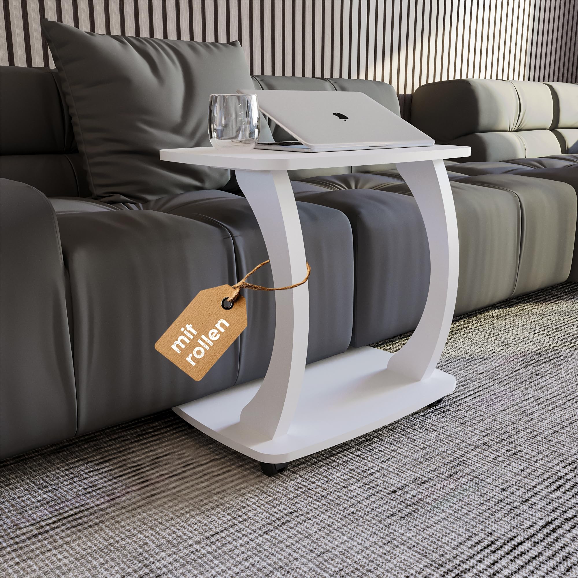 Beistelltisch Couch, mit Rollen, Laptoptisch für Couch, kleiner Wohnzimmertisch, Sofatisch in stylischem Weiß, kleiner Couchtisch fürs Wohnzimmer, ideale Ablagefläche für Laptops, Side table, Arasta