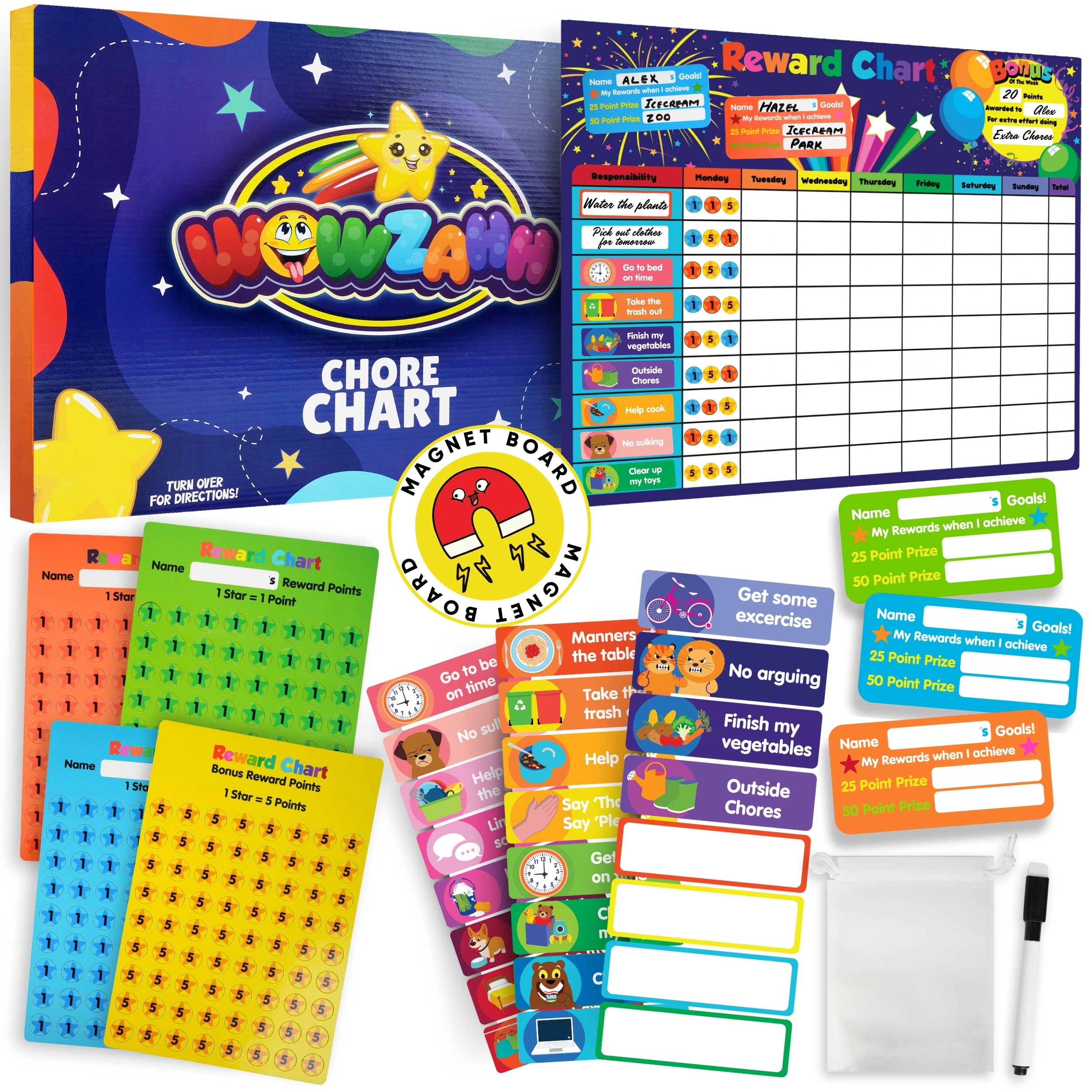 Wowzahh Chore Chart for Kids – Visual Schedule and Reward Chart – Magnetic Board with Magnetic Star Stickers, Kids Habit Tracker, Dry Erase and