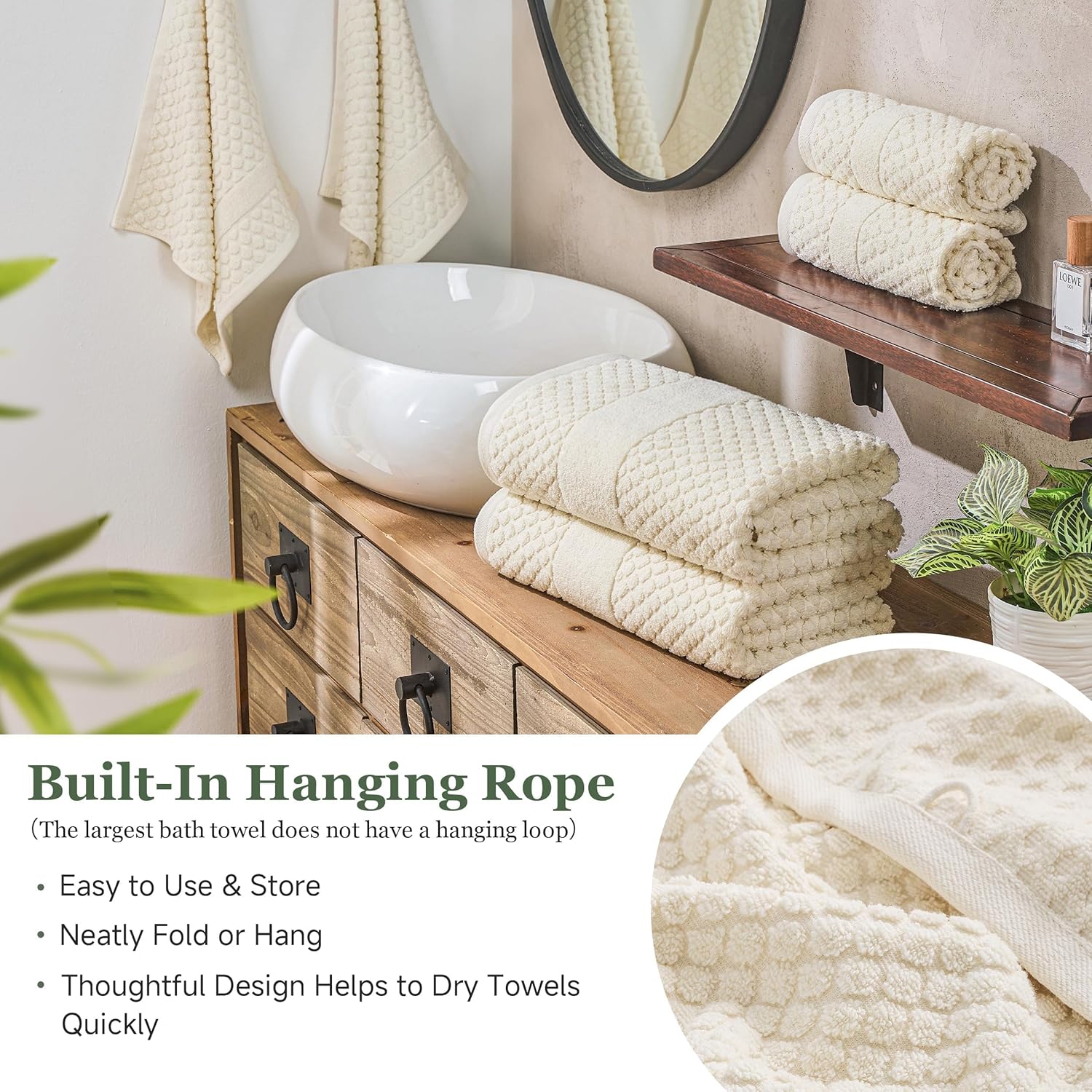 Simple&Opulence 6 Piece Luxury Towel Set, 100% Cotton Bathroom Towels with Hanging Loop (2 Bath Towels, 2 Hand Towels, 2 Washcloths) Stylish, Soft & Absorbent for Home, Hotel, Gym, Spa-Ivory