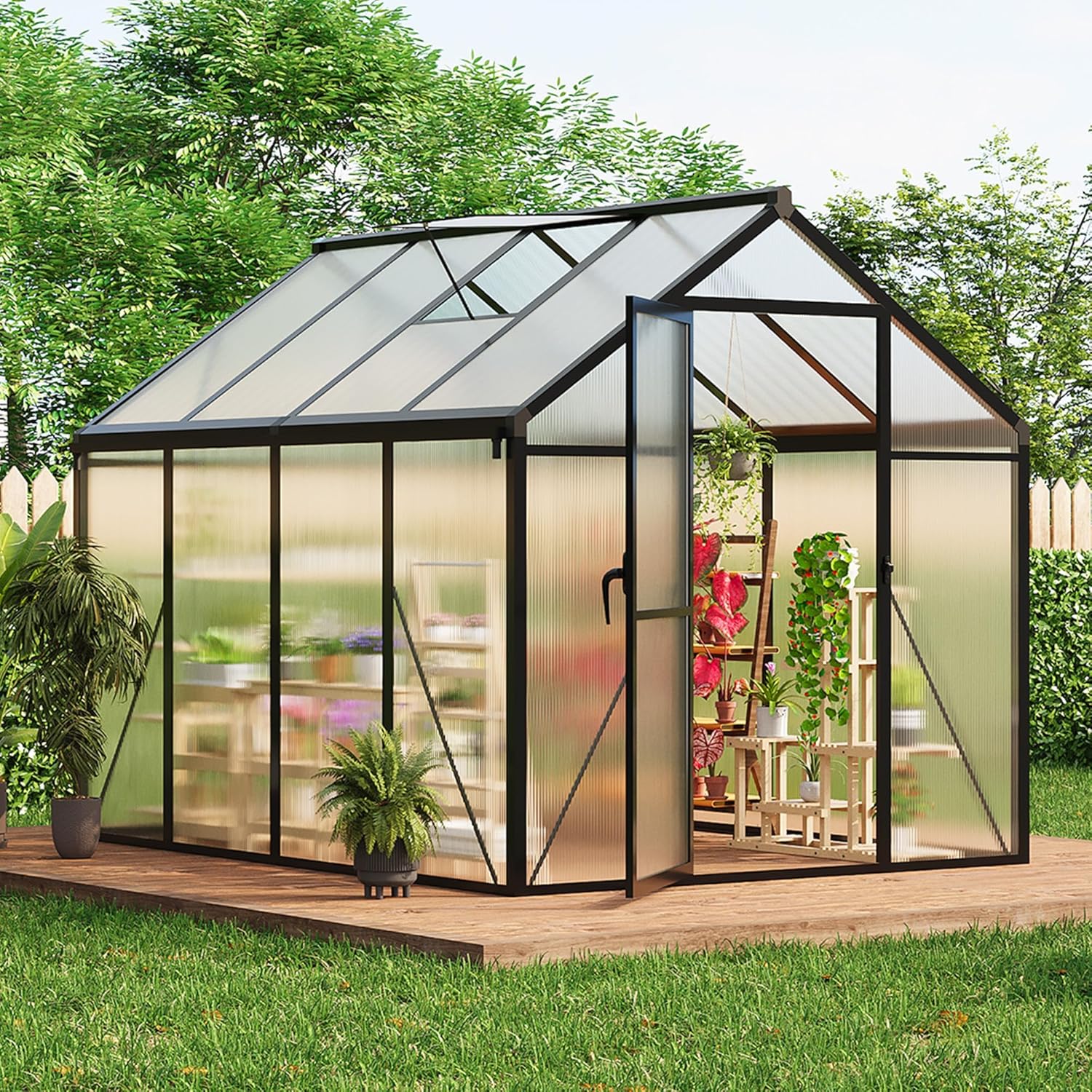 6x8 FT Greenhouse for Outdoors, Polycarbonate Greenhouse with Roof Vent, Ground Nails, Lockable Push Door, Aluminum Large Walk-in Green House for Outside Garden Backyard, Patio, Lawn, Black