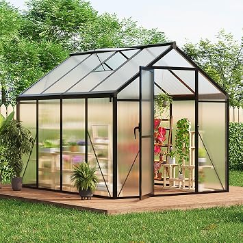 GarveeLife 6x8 FT Greenhouse for Outdoors, Polycarbonate Greenhouse with Roof Vent, Ground Nails, Lockable Push Door, Aluminum Large Walk-in Green House for Outside Garden Backyard, Patio, Lawn, Black