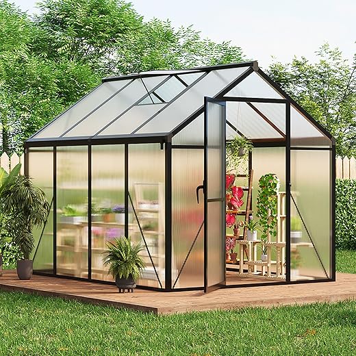 6x8 FT Greenhouse for Outdoors, Polycarbonate Greenhouse with Roof Vent, Ground Nails, Lockable Push Door, Aluminum Large Walk-in Green House for Outside Garden Backyard, Patio, Lawn, Black