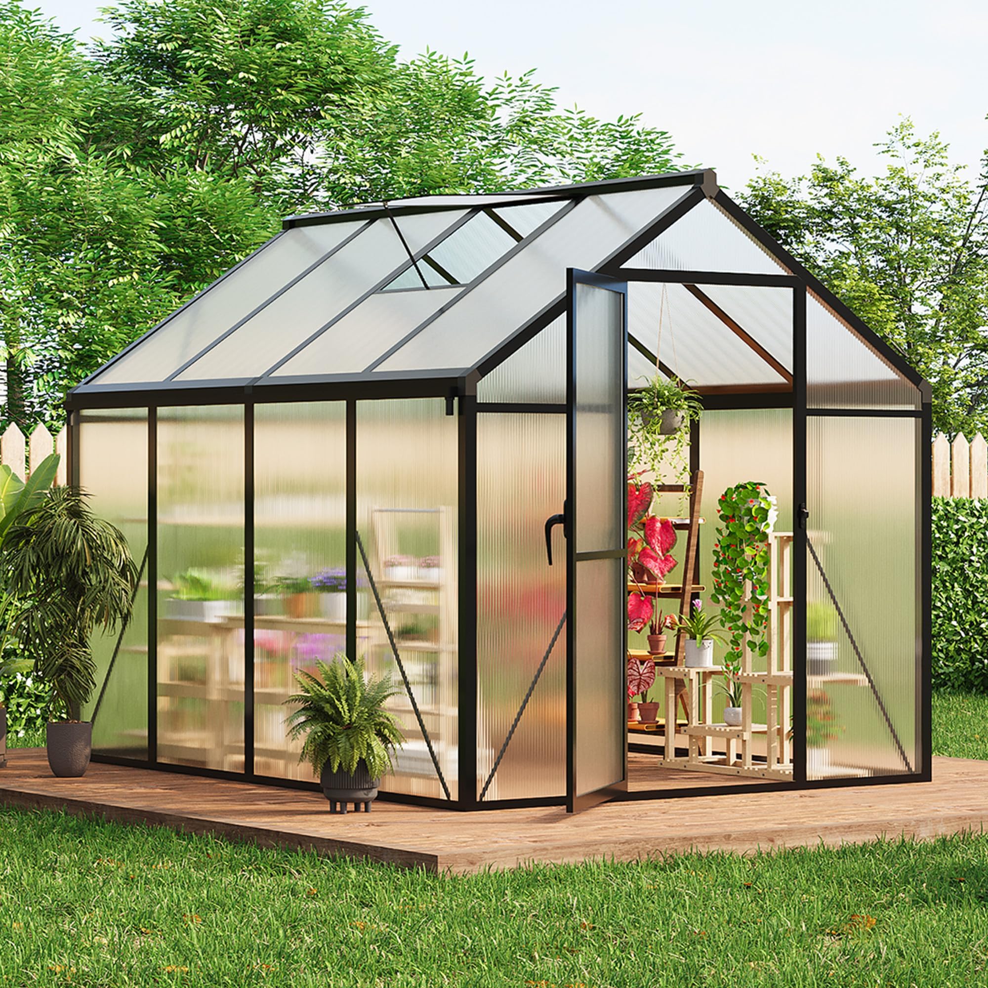 Photo 1 of GarveeLife 6x8 FT Greenhouse for Outdoors, Polycarbonate Greenhouse with Roof Vent, Ground Nails, Lockable Push Door, Aluminum Large Walk-in Green House for Outside Garden Backyard, Patio, Lawn, Black
