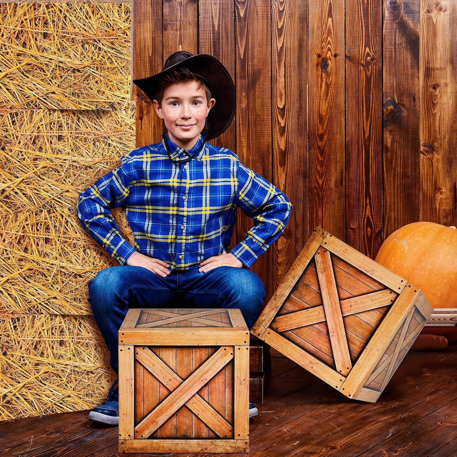 Outus 8 Pcs Hay Bales Boxes Decor Western Cowboy Party Decorations Trunk or Treat Car Decor Fake Hay Photo Booth Props Wooden Grain Straw Boxes for Fall Harvest Halloween(Straw)