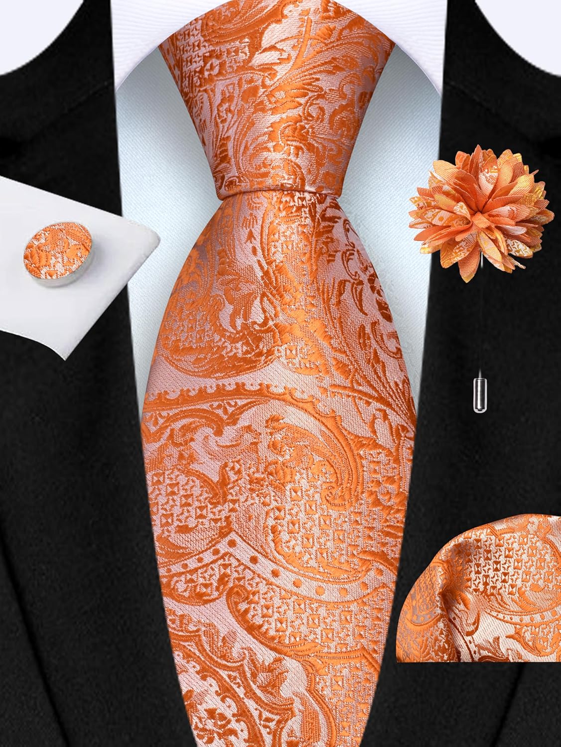 GUSLESON 8cm Paisley Tie Set for Men Necktie Lapel Pin Pocket Square Cufflinks Set for Men - Image 2