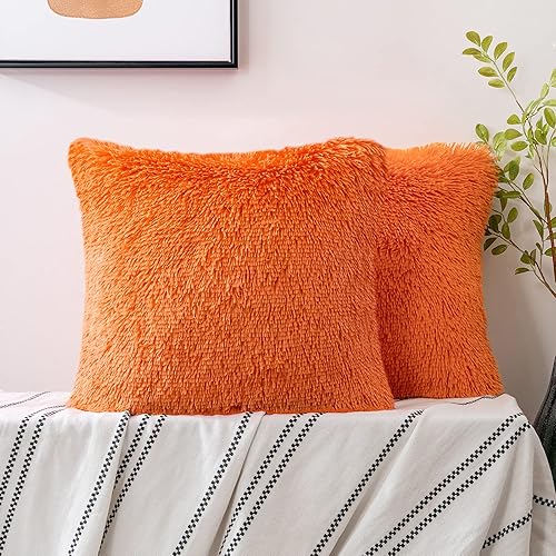 Woaboy Paquete de 2 fundas de almohada de piel sintética de lujo, decorativas, suaves y esponjosas, fundas de cojín cuadradas para sala de estar,